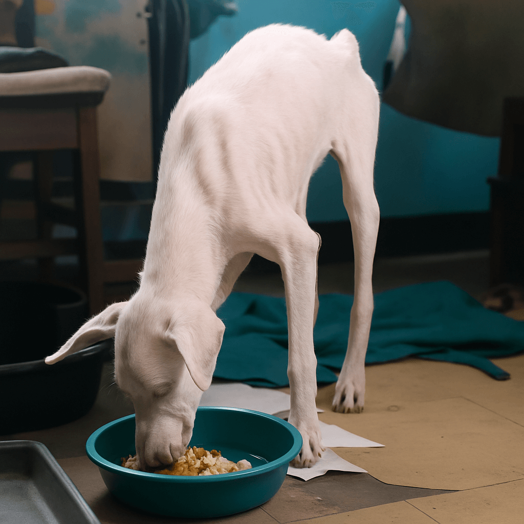 rescued starving dog before and after