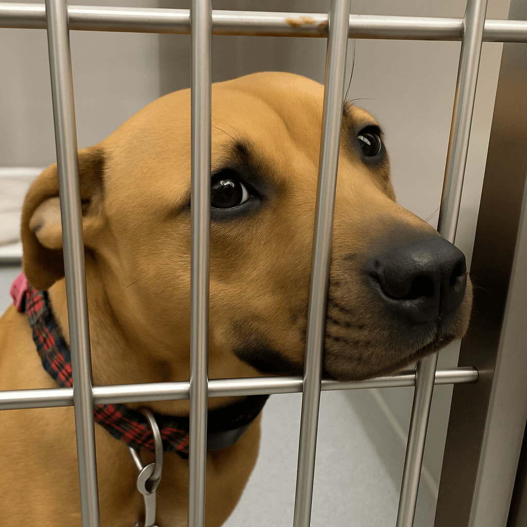 smiling shelter dog waiting patiently inside kennel