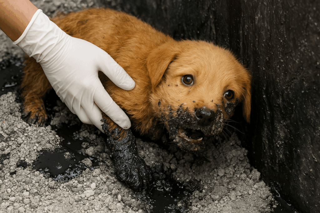rescuers helping dog stuck to ground