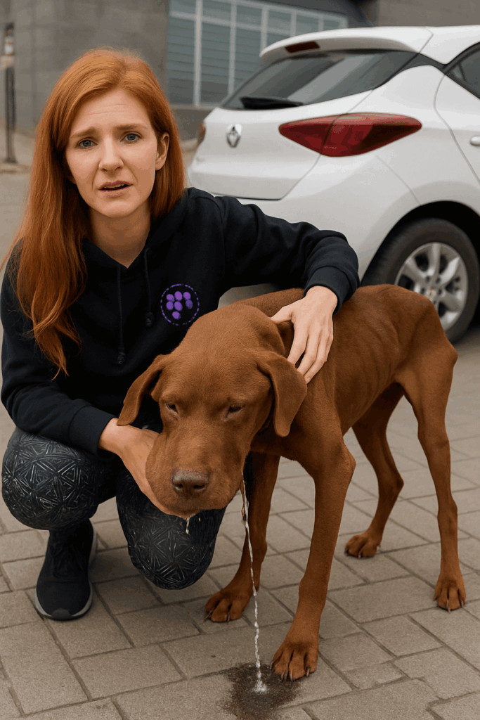 woman comforting injured dog before rescue