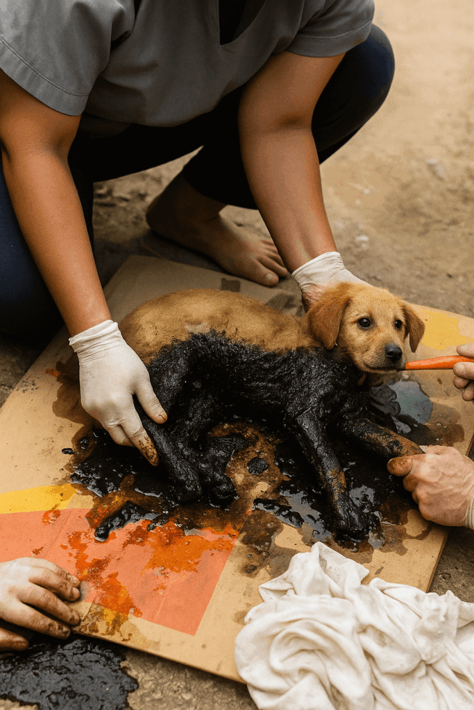 rescuers helping dog stuck to ground