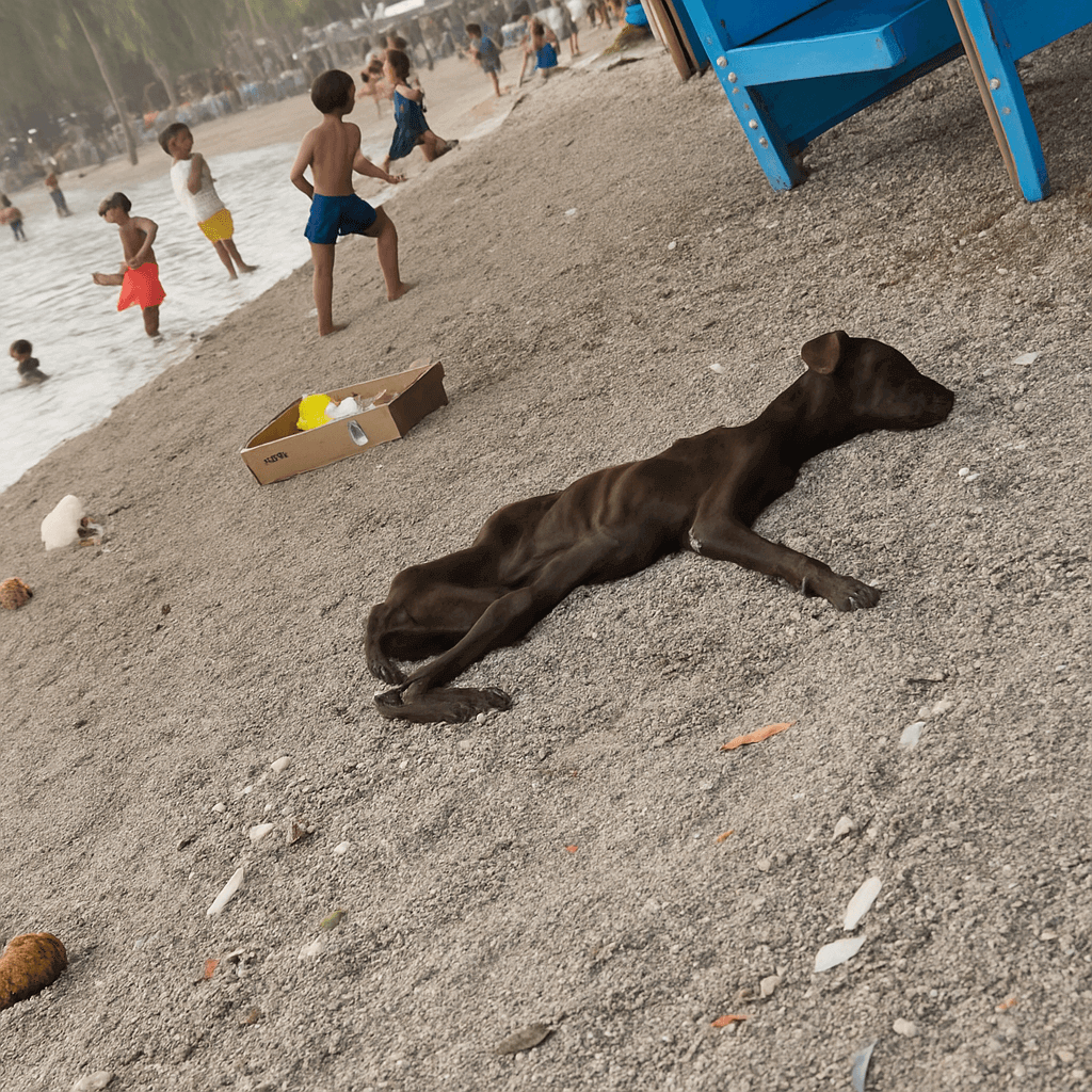 rescuer saving abandoned dog on beach