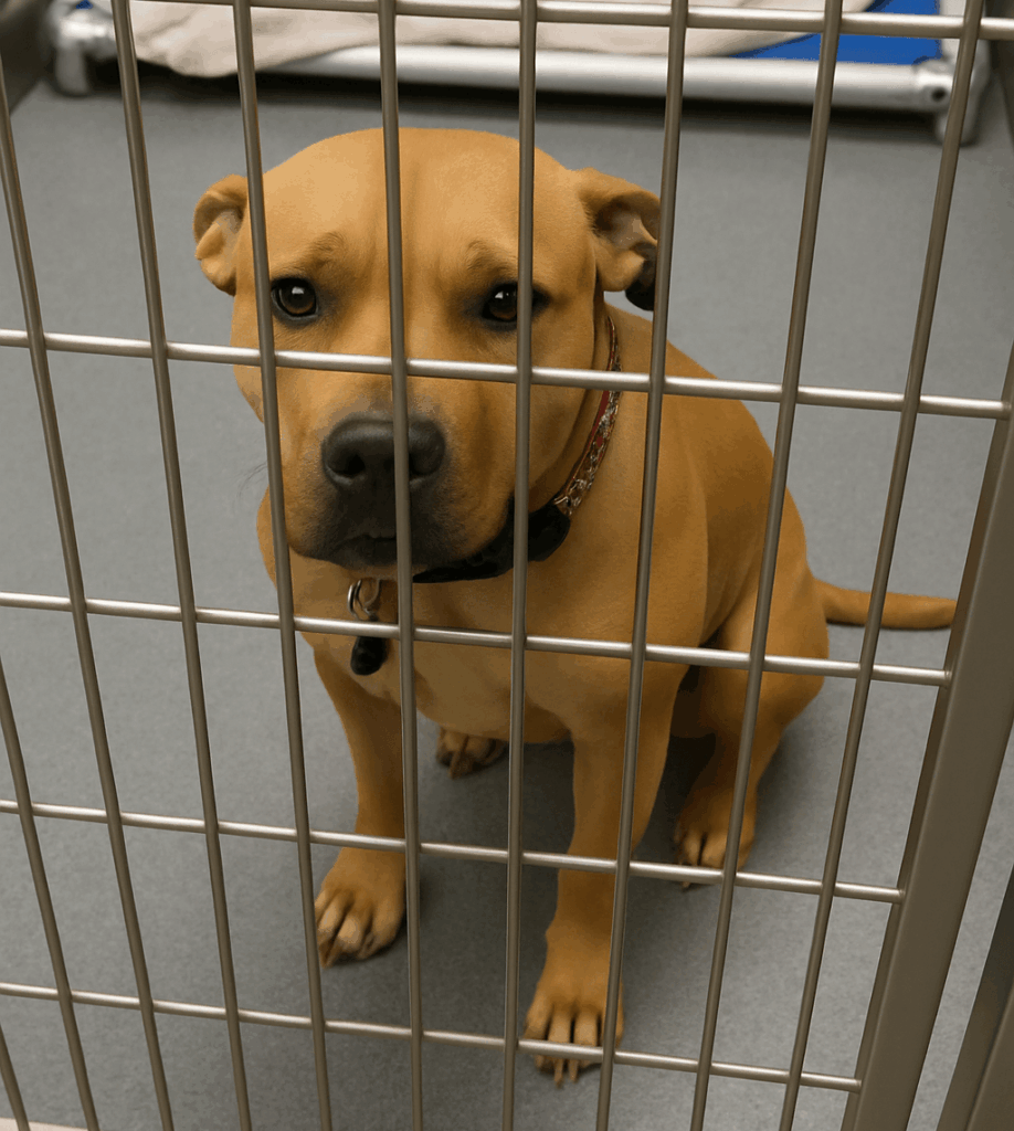 Cutie the smiling dog sitting in kennel with hopeful expression