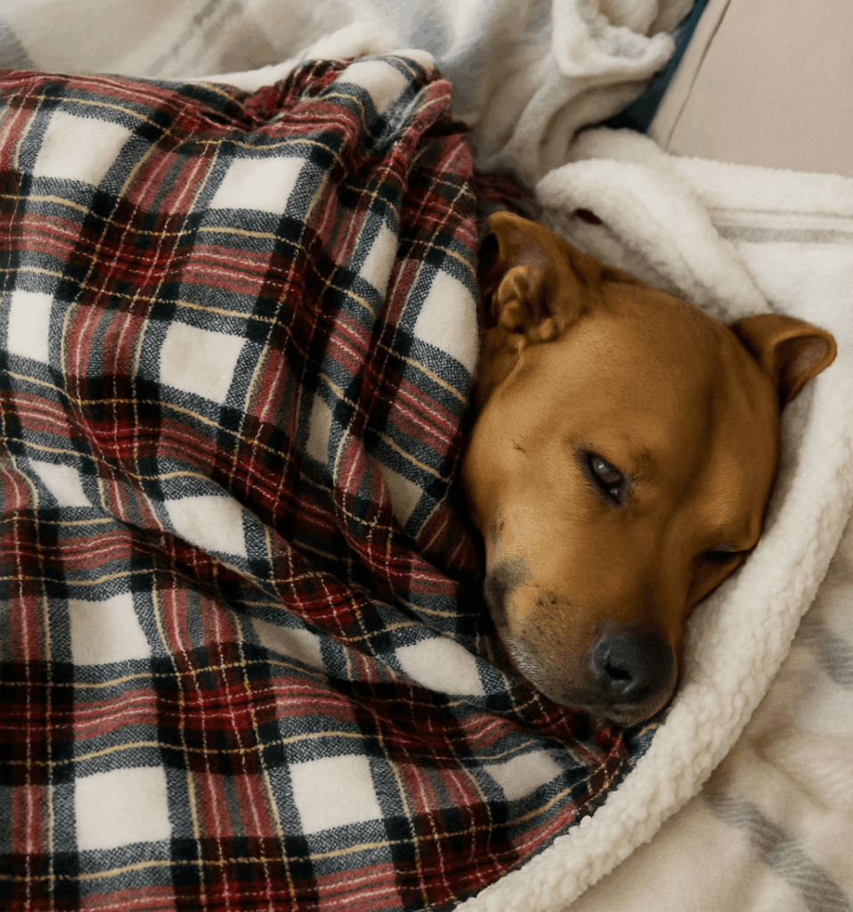 smiling rescue dog after adoption enjoying warm blankets