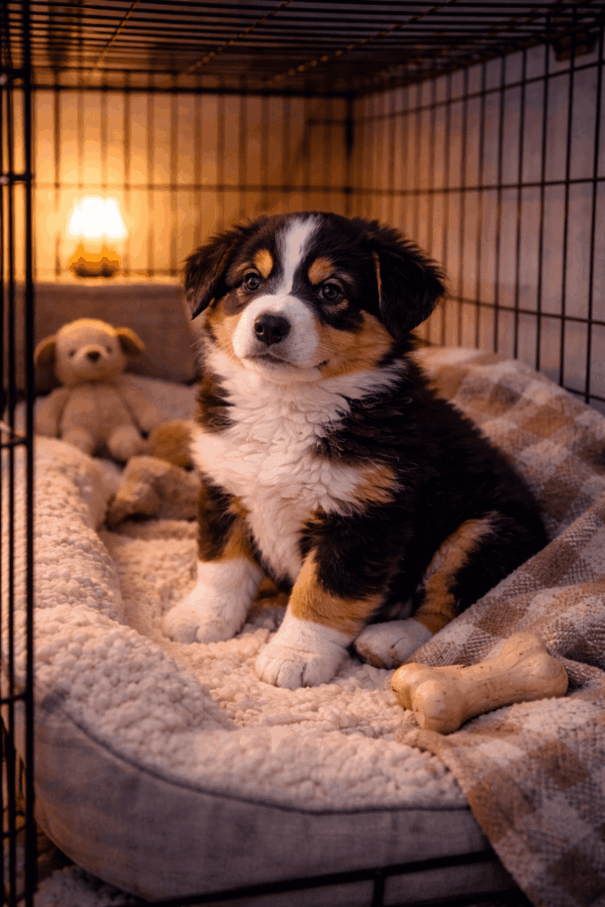 Crate training a puppy at night in cozy sleeping setup