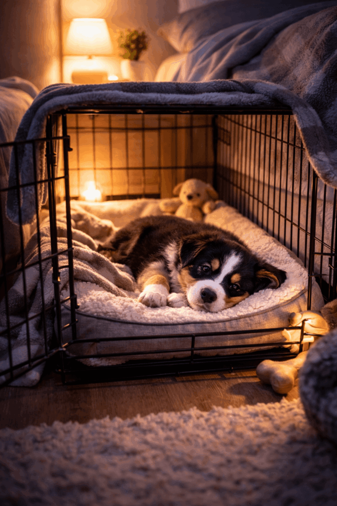 Puppy lying inside crate at night with dim light, looking calm and relaxed