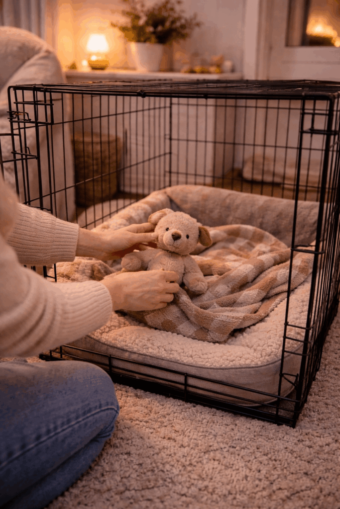 Comfort setup for crate training a puppy at night