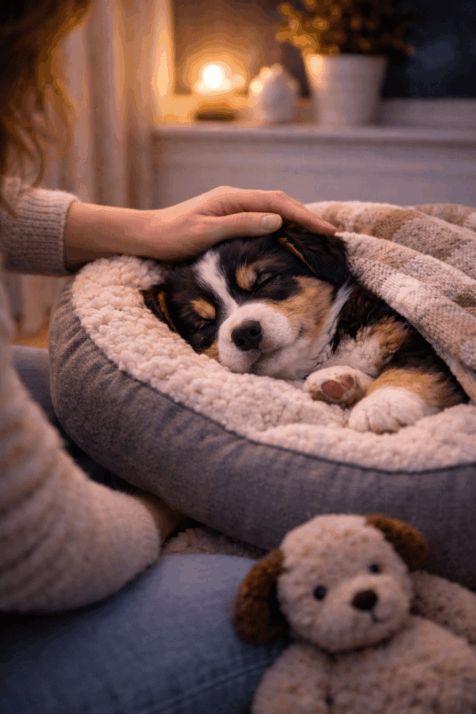 Owner calming puppy to stop dog barking at night fast