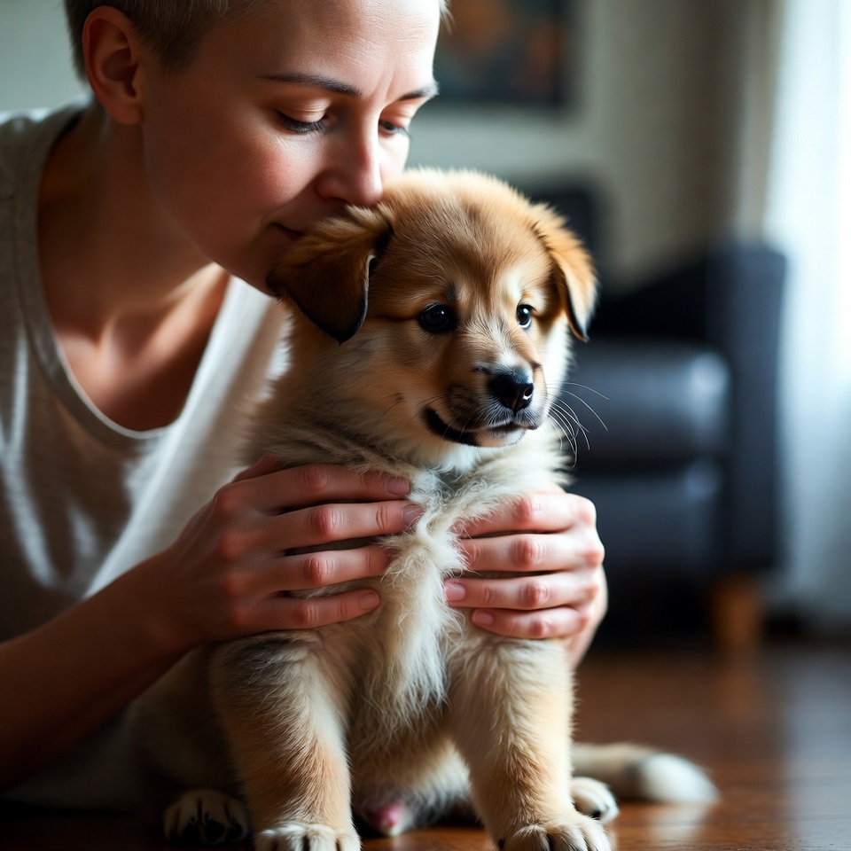 Owner reinforcing calm behavior in puppy separation anxiety training