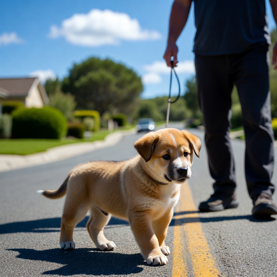 Focused walking during leash training a puppy without pulling