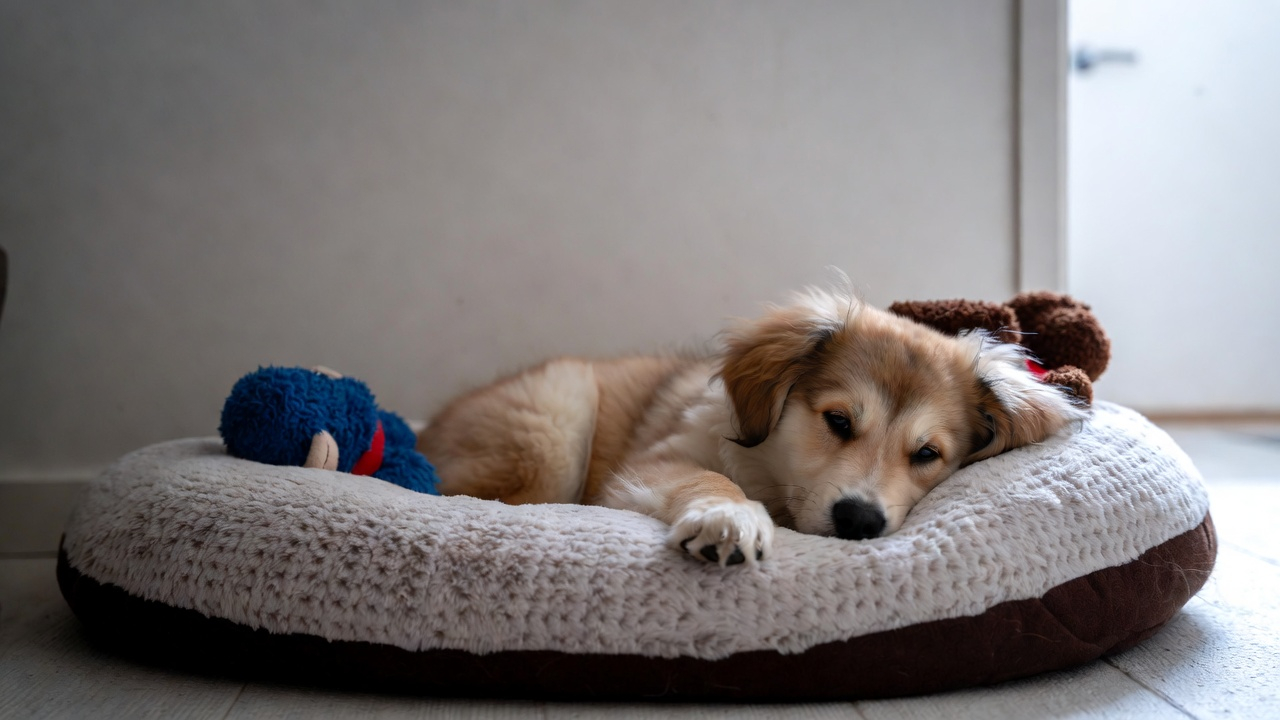 Safe resting area for how to train a puppy to stay home alone