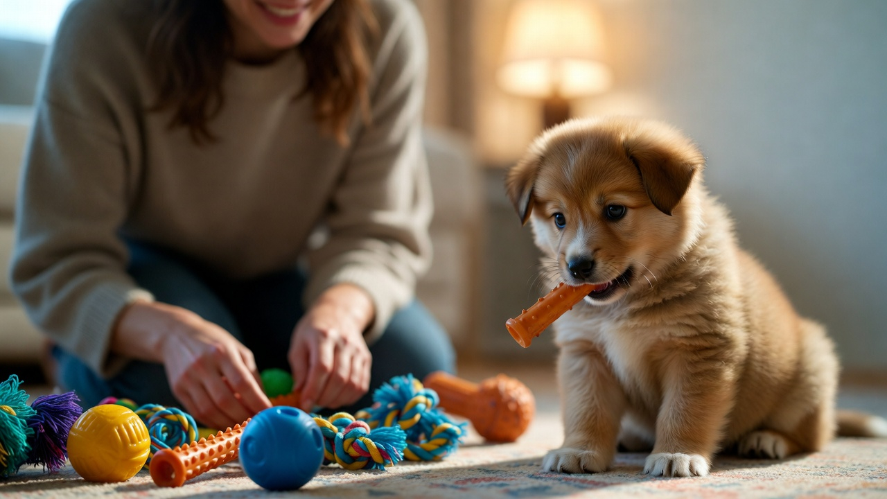 Providing chew toys to stop puppy from chewing everything