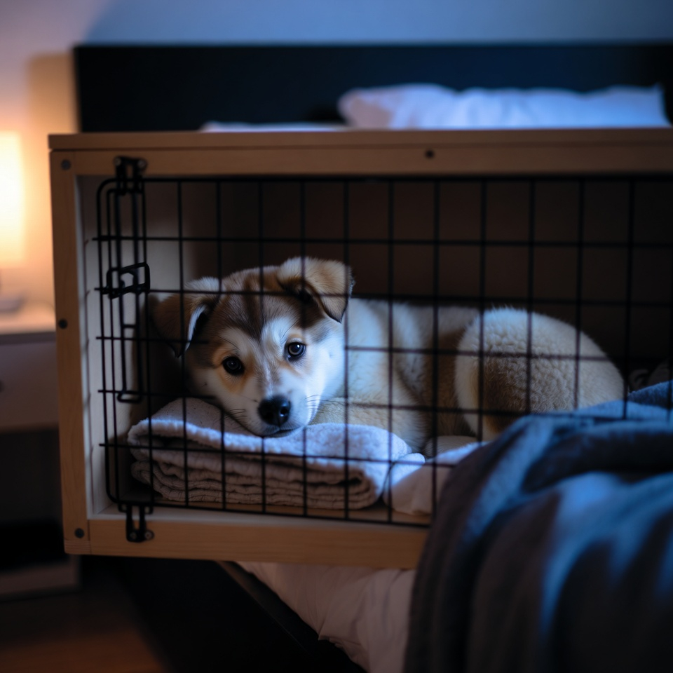 Crate setup for how to train a puppy to sleep through the night