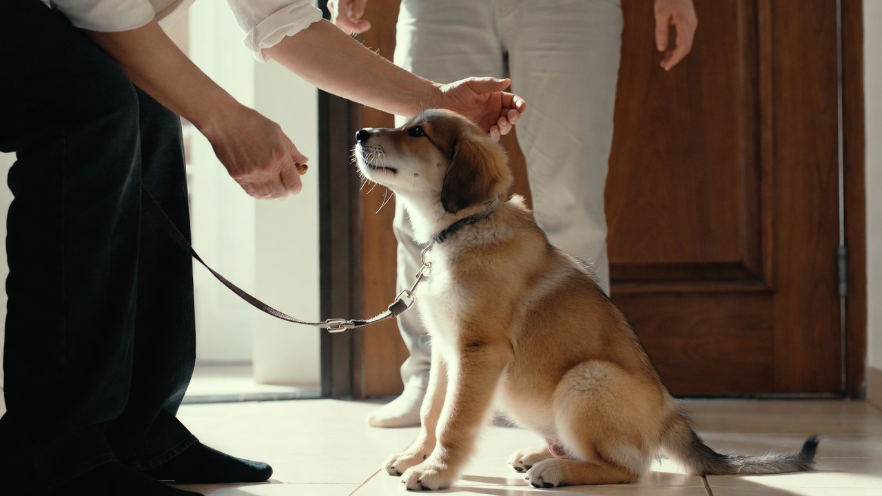 Rewarding calm greeting behavior during puppy guest training