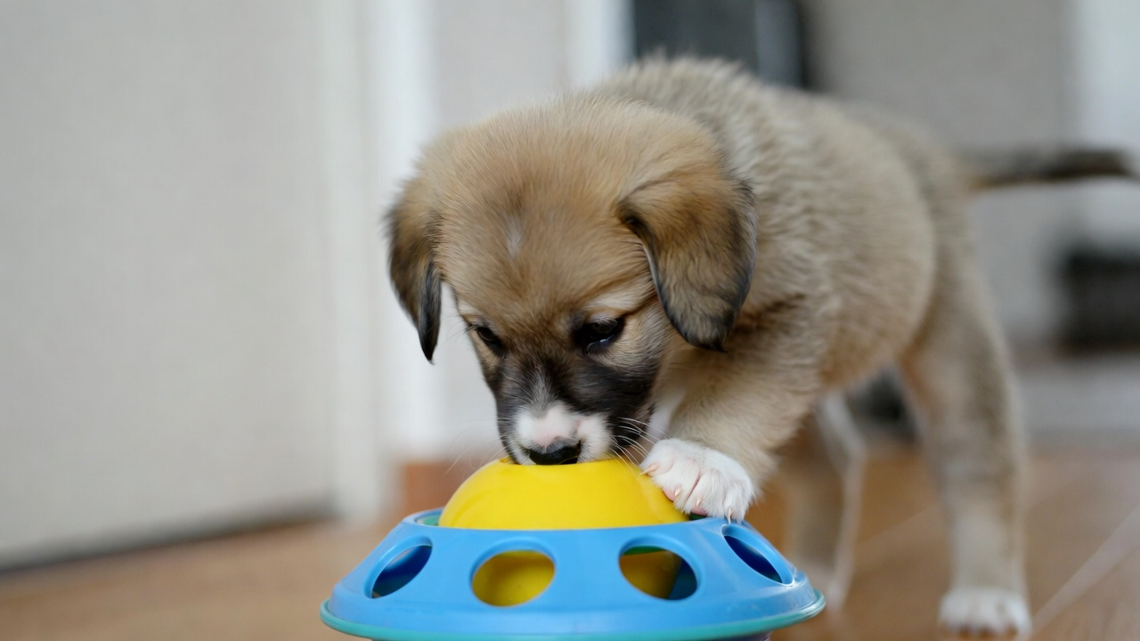 Puzzle toy distraction during how to train a puppy to stay home alone