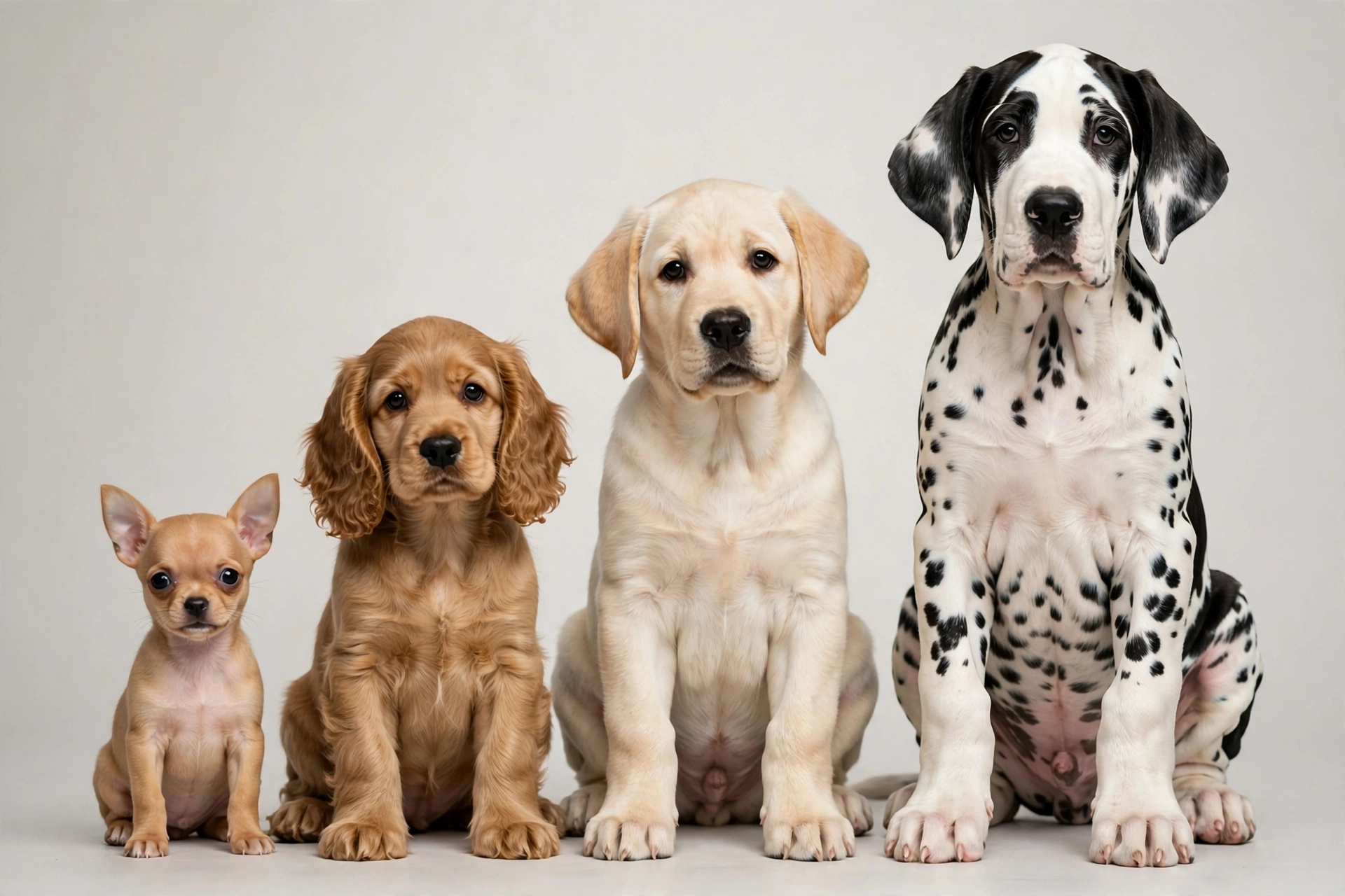 Four puppies of different sizes — chihuahua, cocker spaniel, labrador, and great dane — sitting side by side for a breed size comparison