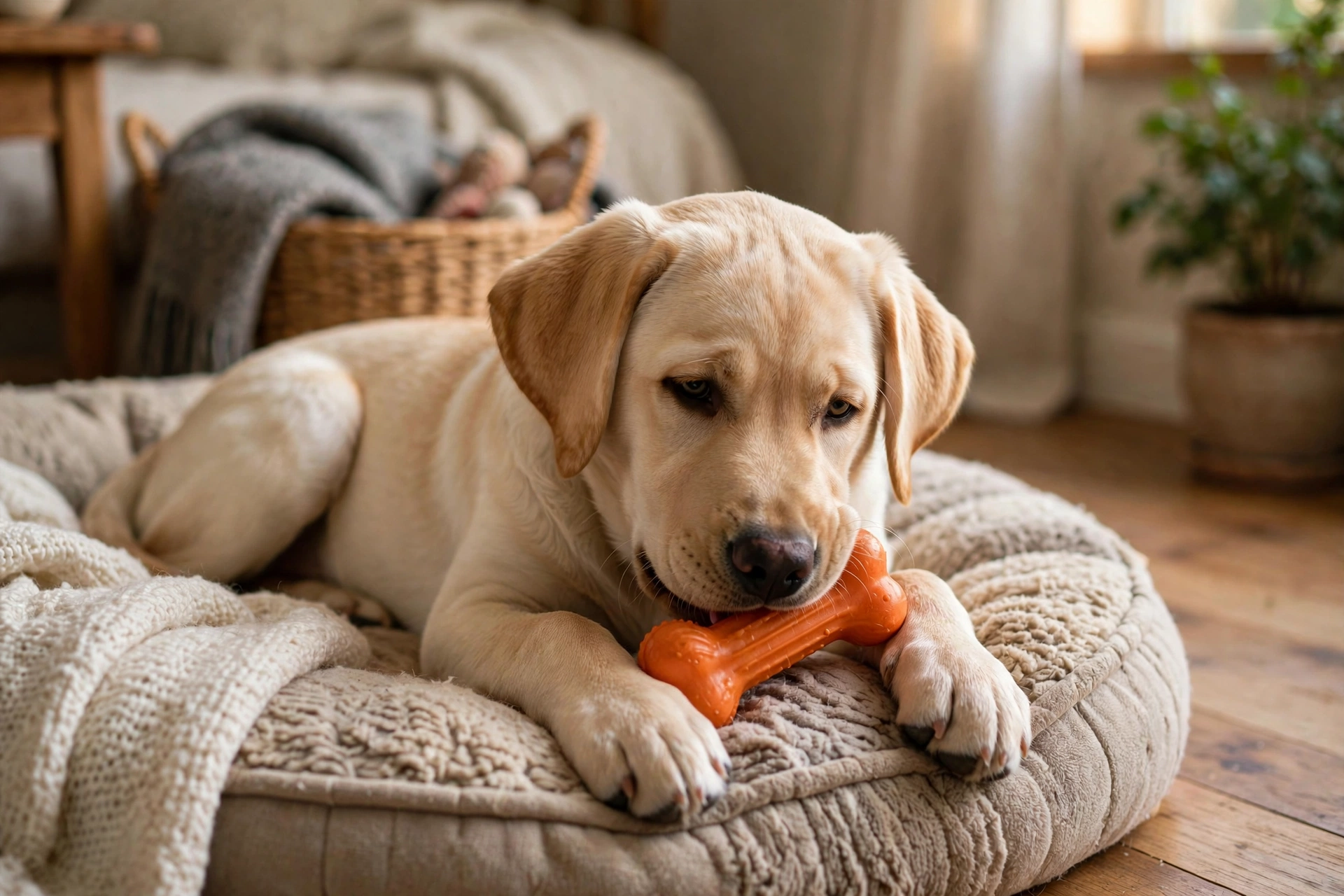 Calm adolescent labrador puppy lying quietly on a dog bed chewing a rubber toy
