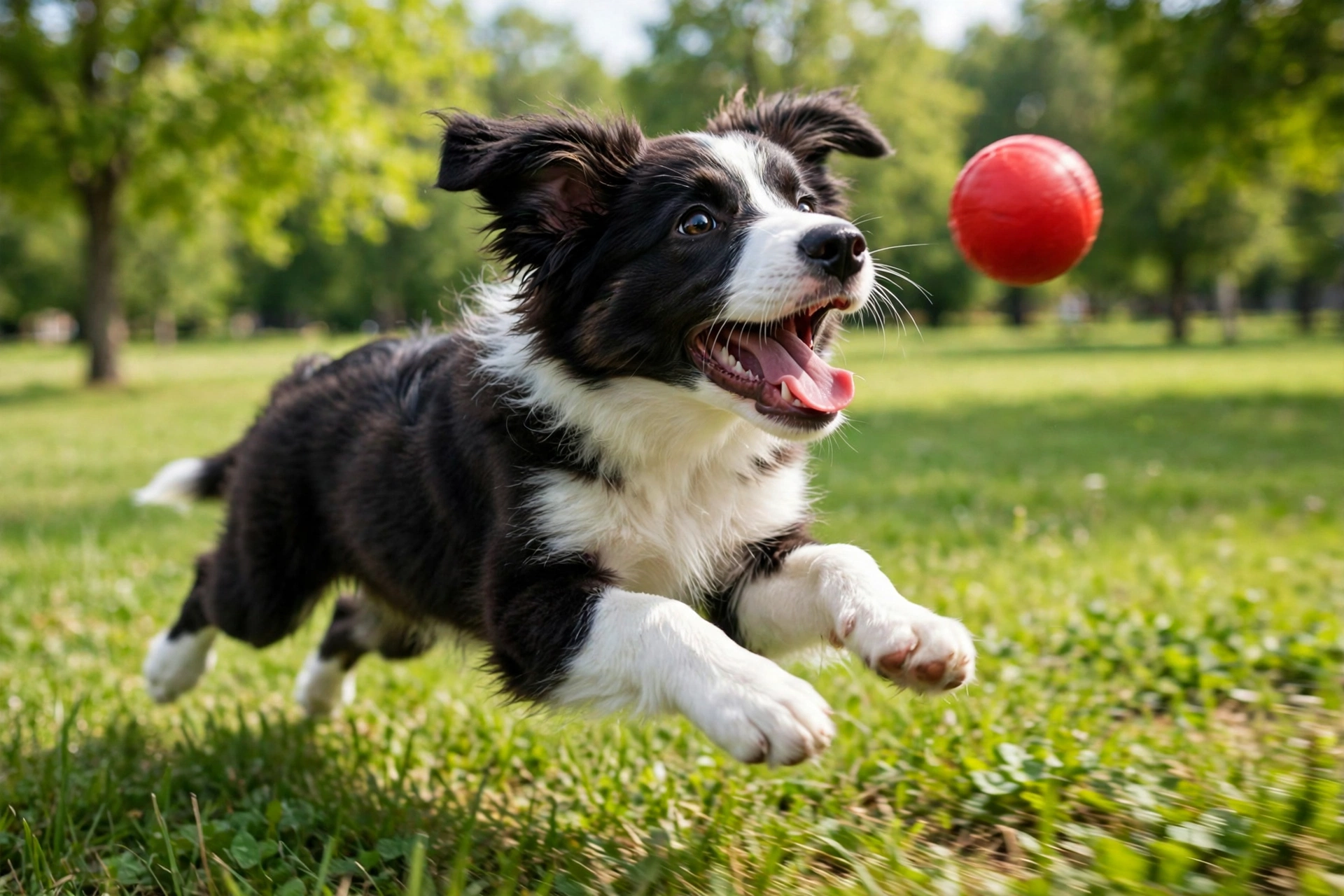 Happy border collie puppy running in a sunny park about to catch a red ball