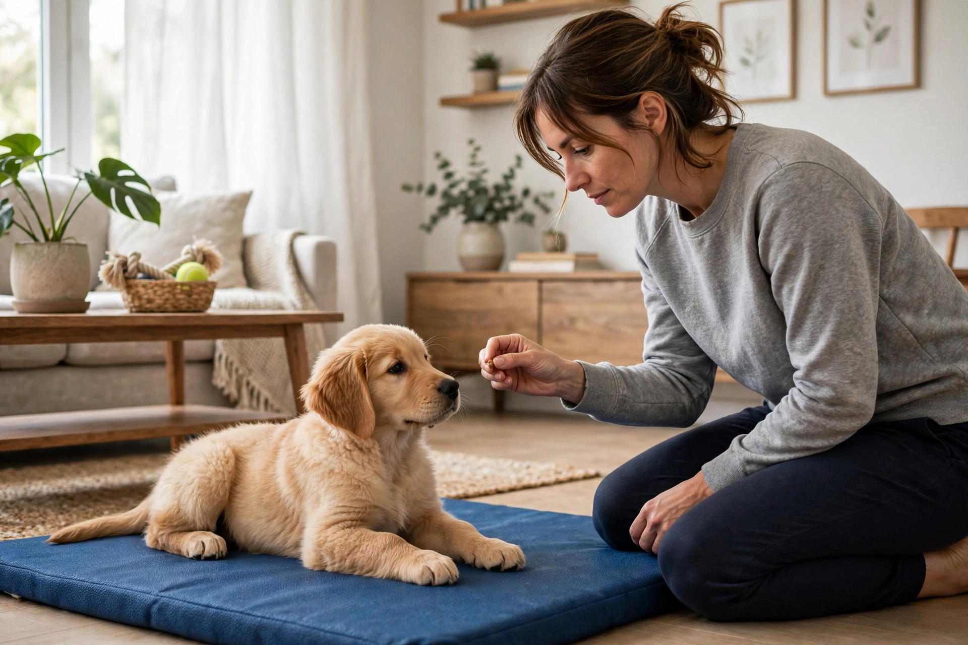 Owner training a young golden retriever puppy to settle on a blue training mat in a living room
