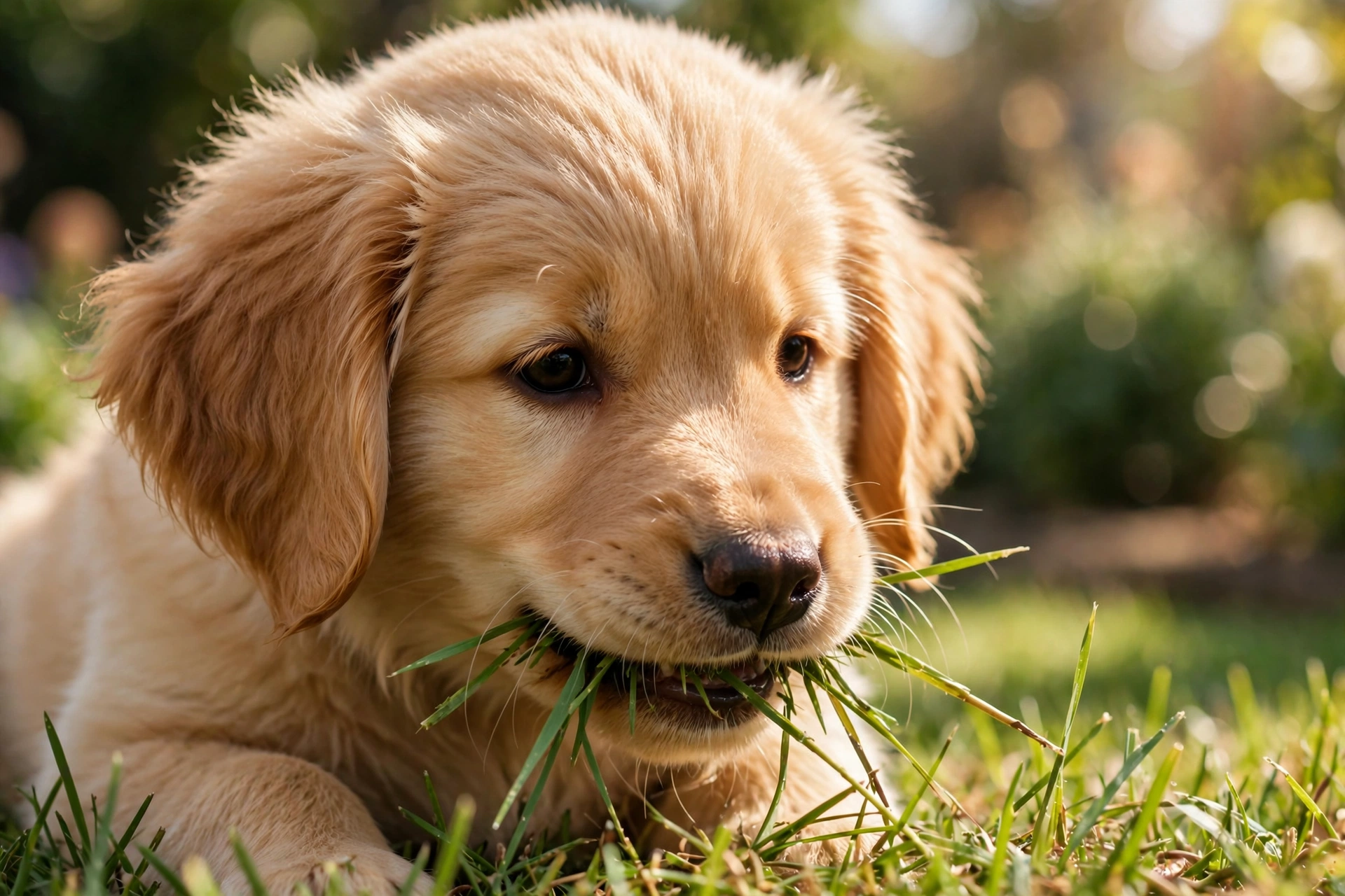Young puppy starting to eat grass in a sunny garden