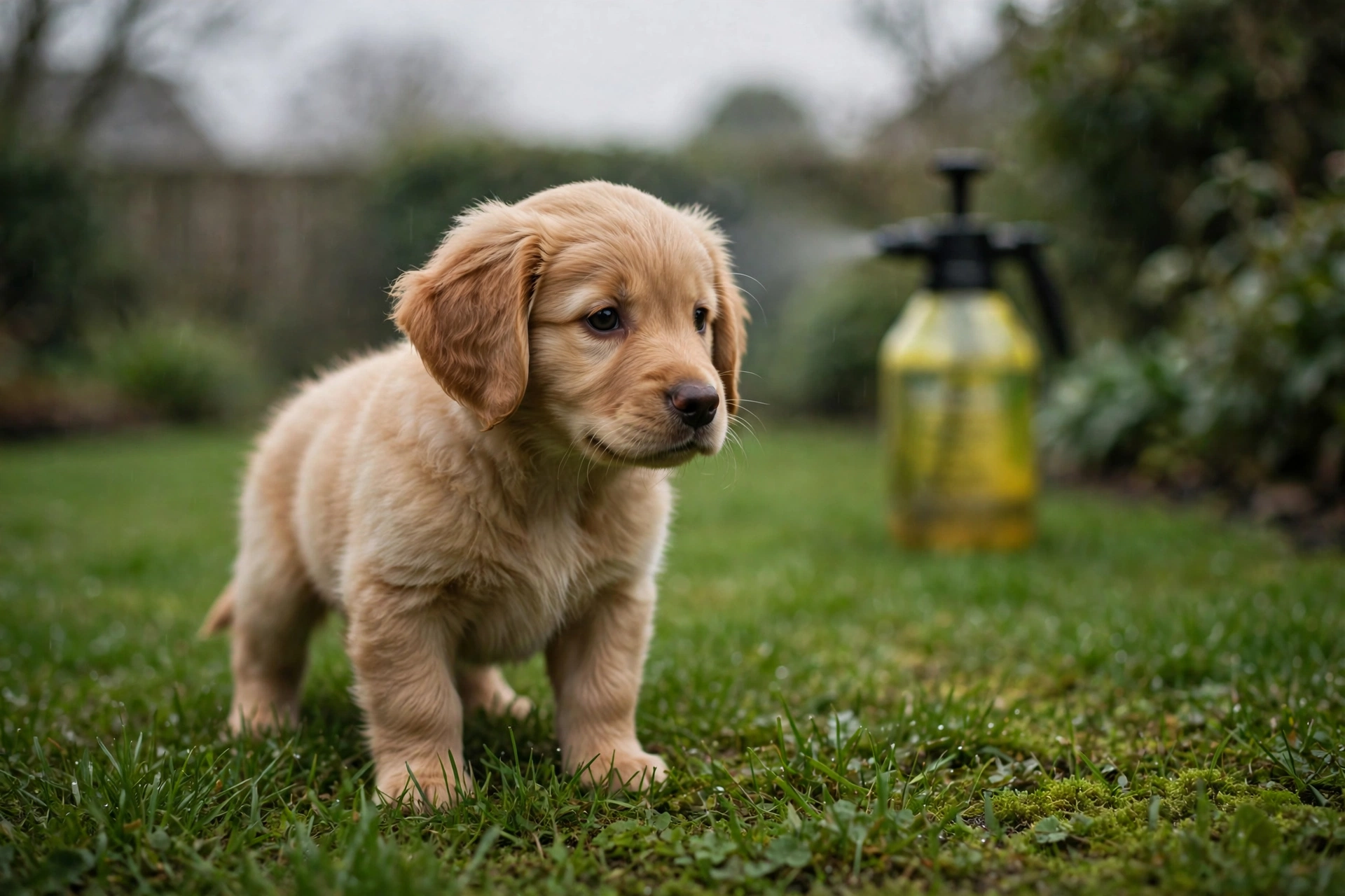 Puppy about to eat grass near a blurred pesticide spray bottle on a treated lawn