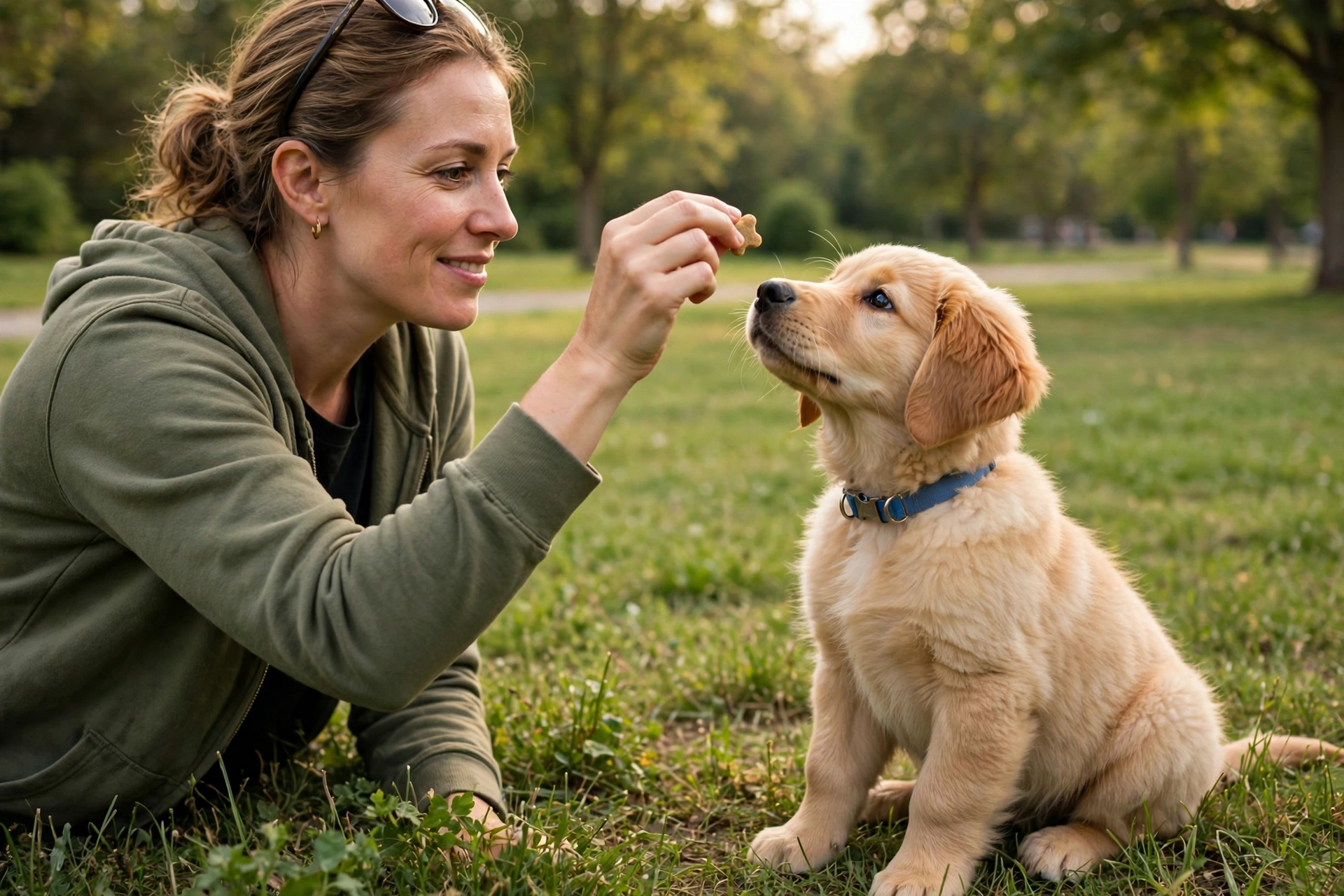 Owner teaching a puppy the leave-it cue with a treat so the puppy will not eat grass in the park