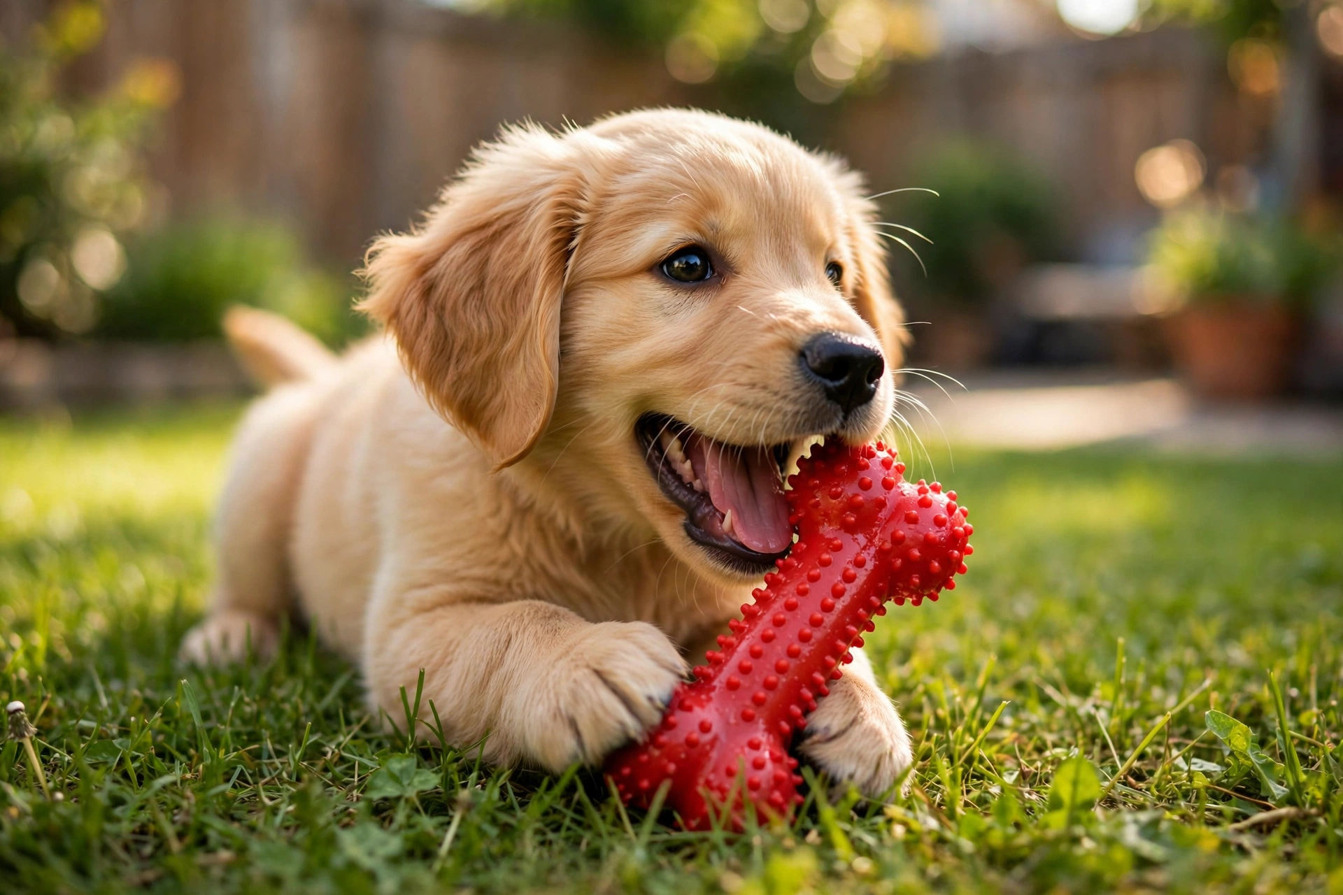 Happy puppy playing with a chew toy on the grass instead of choosing to eat grass