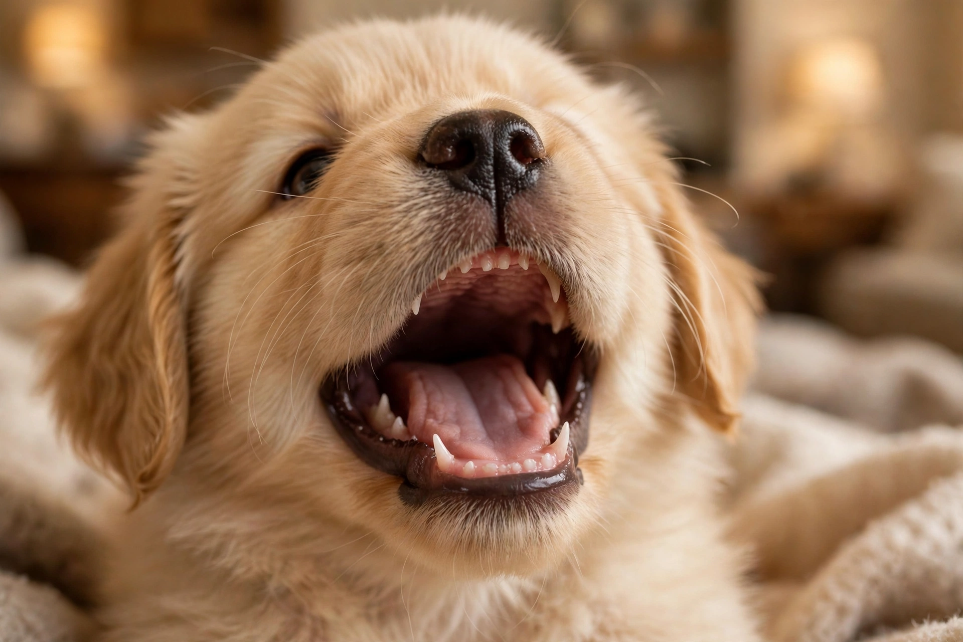 Close-up of a golden retriever puppy's small white baby teeth