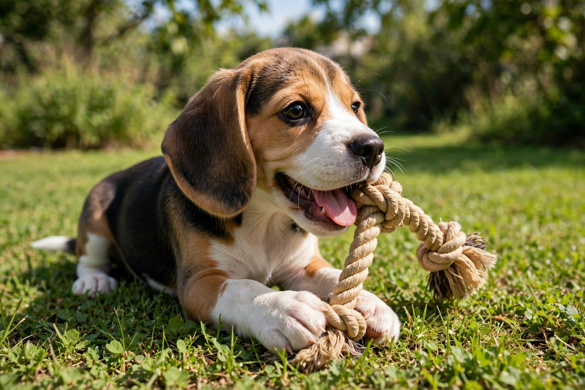 Happy beagle puppy playing with a rope chew toy on the grass