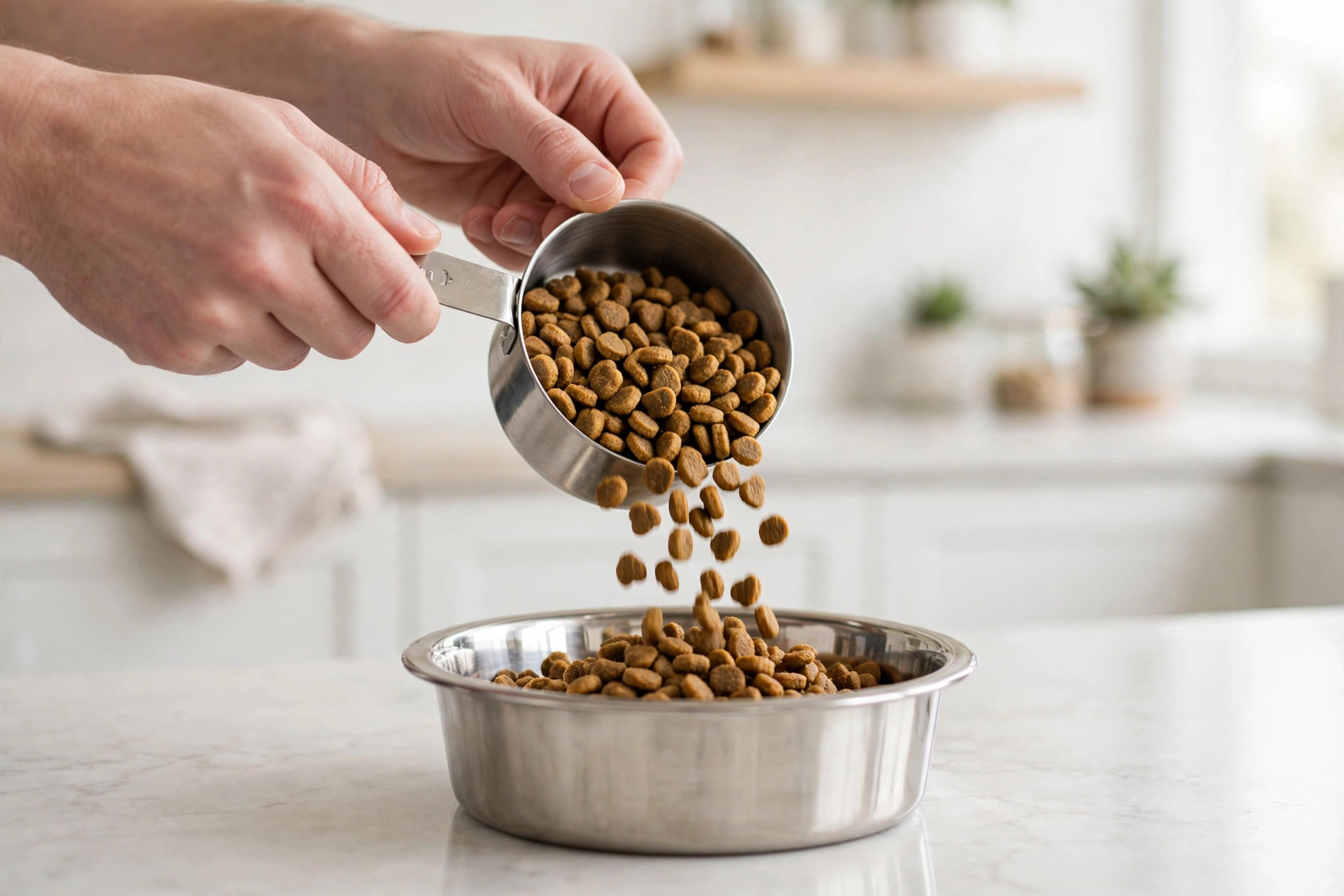 Hands measuring dry puppy kibble with a measuring cup over a bowl