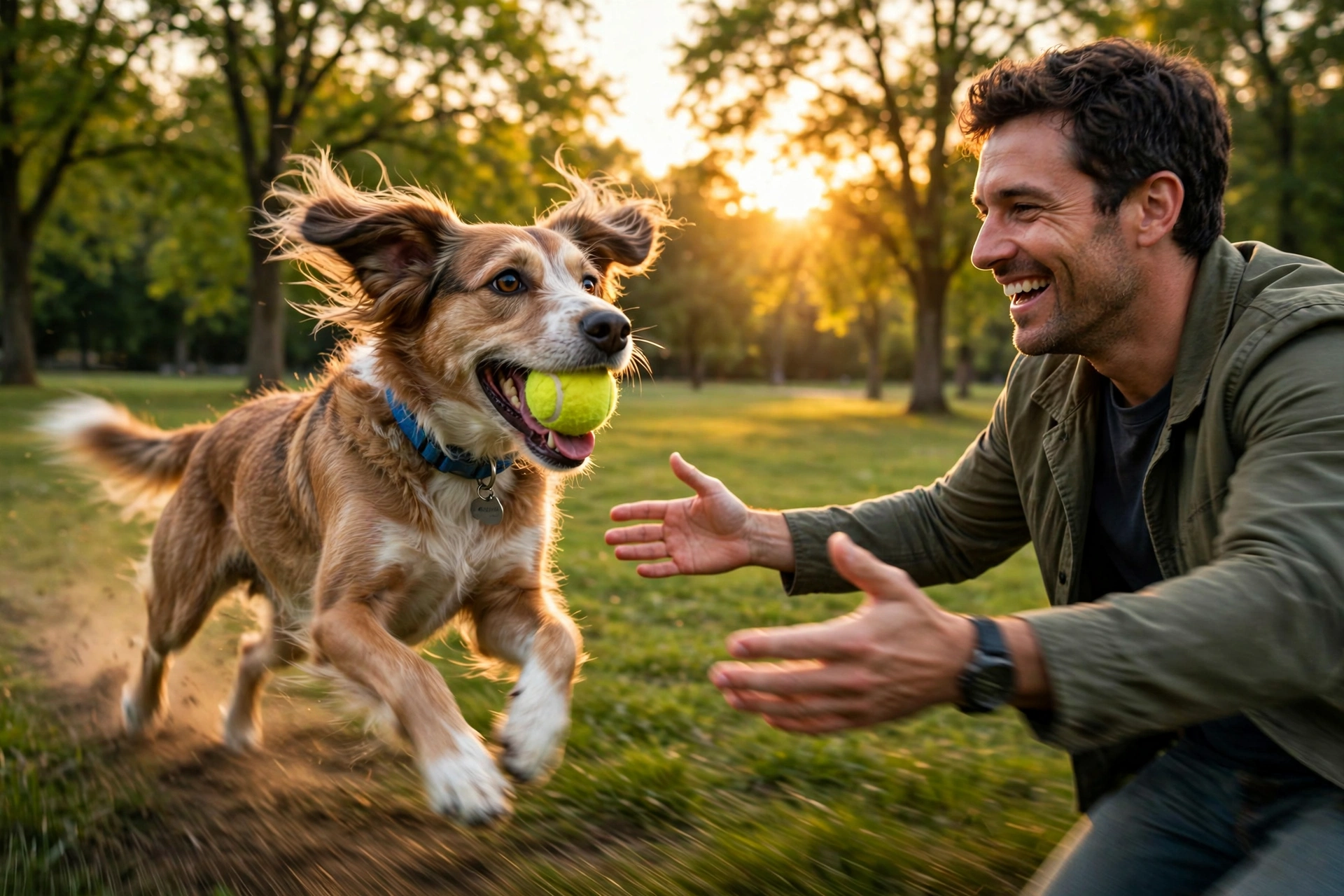 Happy rescue dog playing fetch with owner in a park