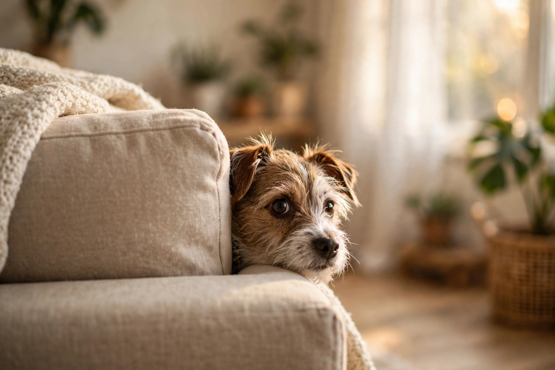 Timid rescue dog peeking out from behind a sofa in a new home
