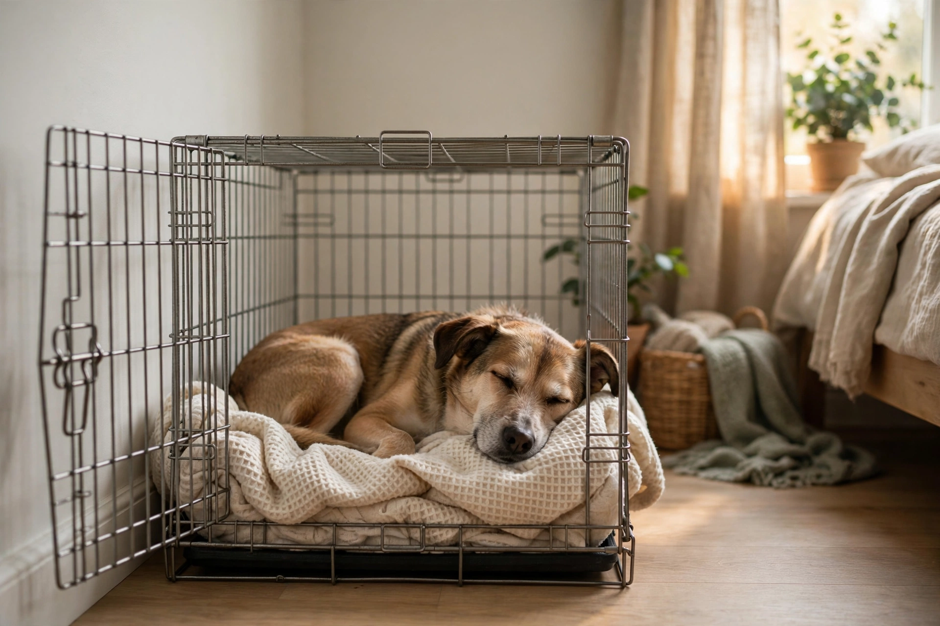 Rescue dog resting calmly in an open crate serving as a safe zone