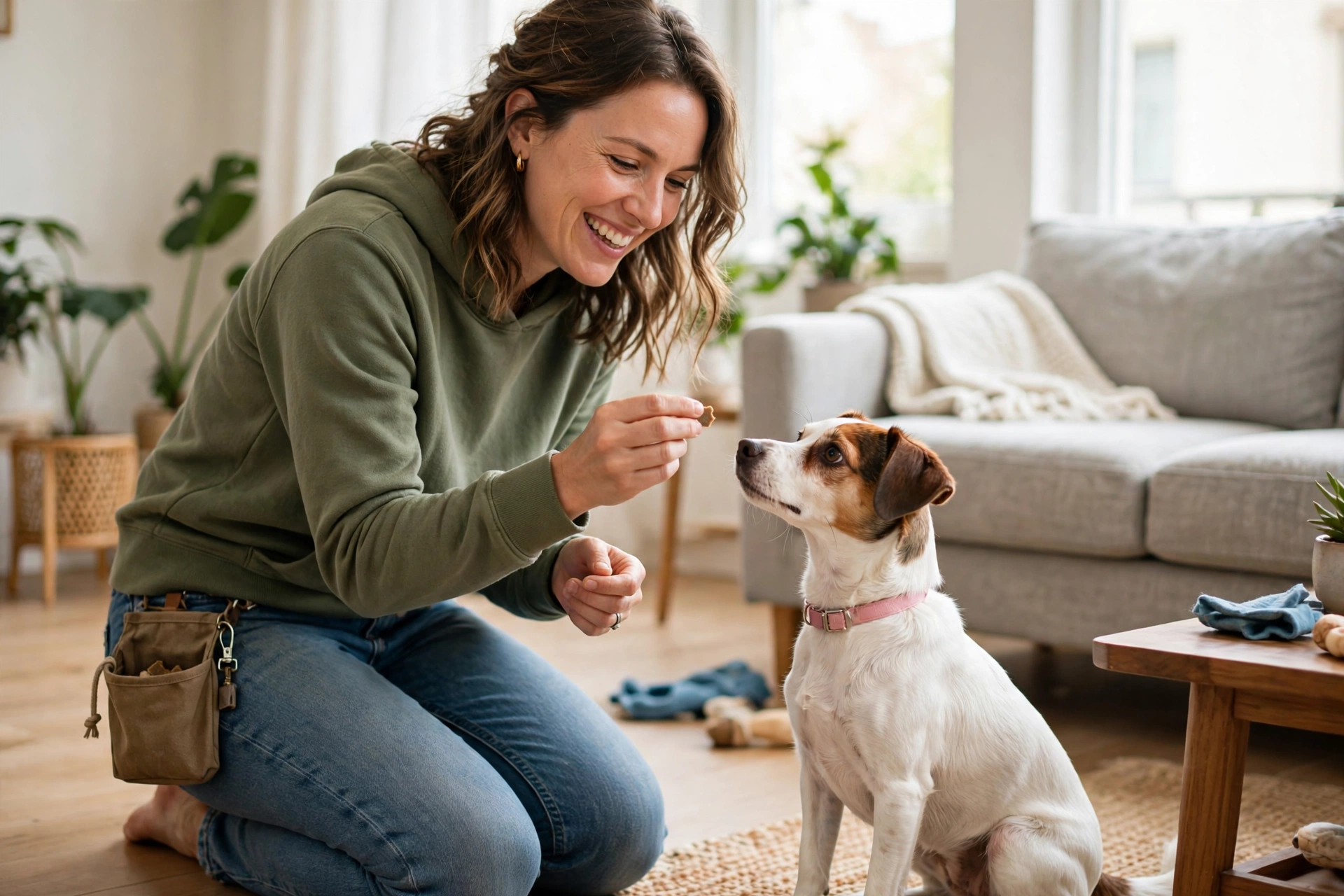 Woman giving a treat to a rescue dog during a positive training session