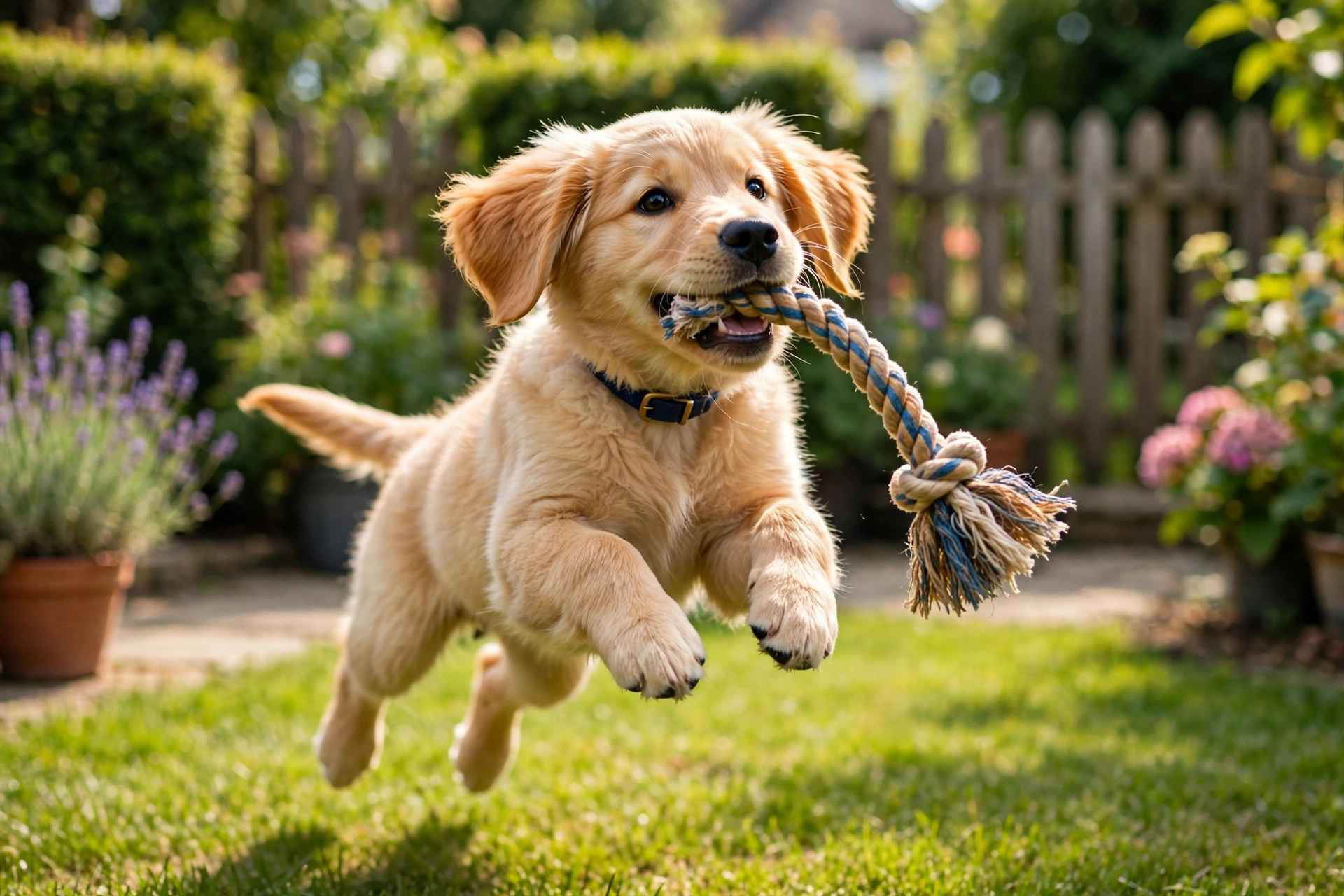 Golden retriever puppy playing with a rope toy in a backyard
