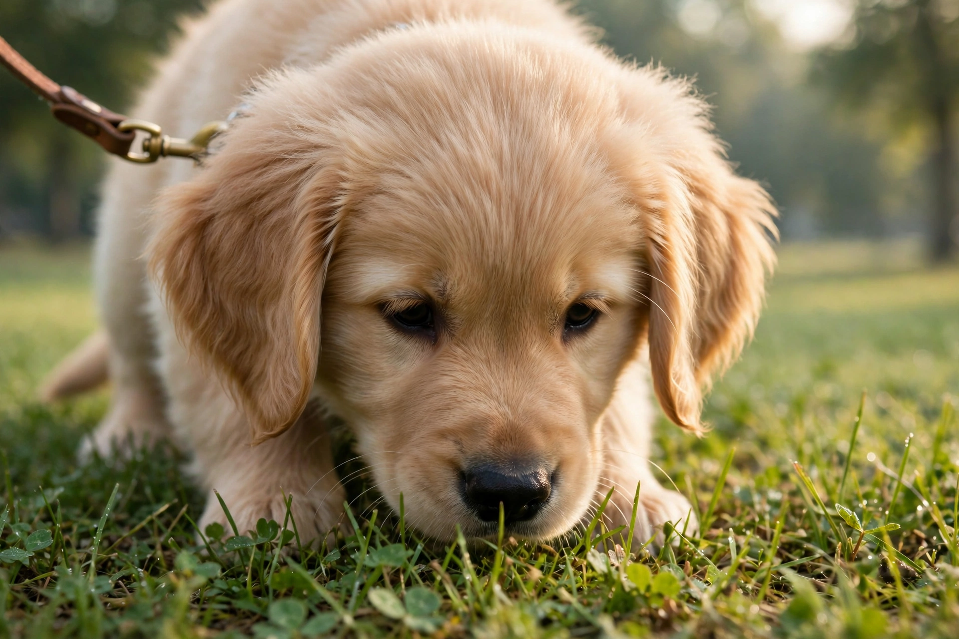 Puppy sniffing grass closely on a walk, also called a sniffari