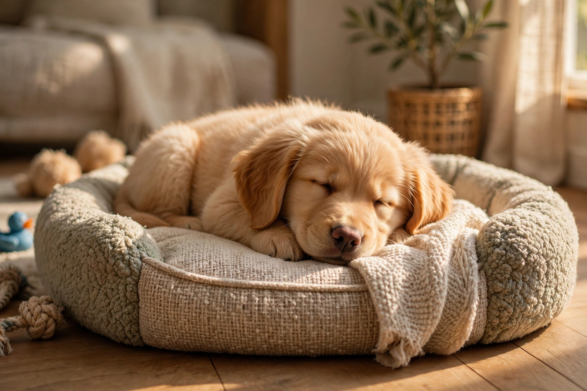 Tired golden retriever puppy sleeping on a dog bed after playtime