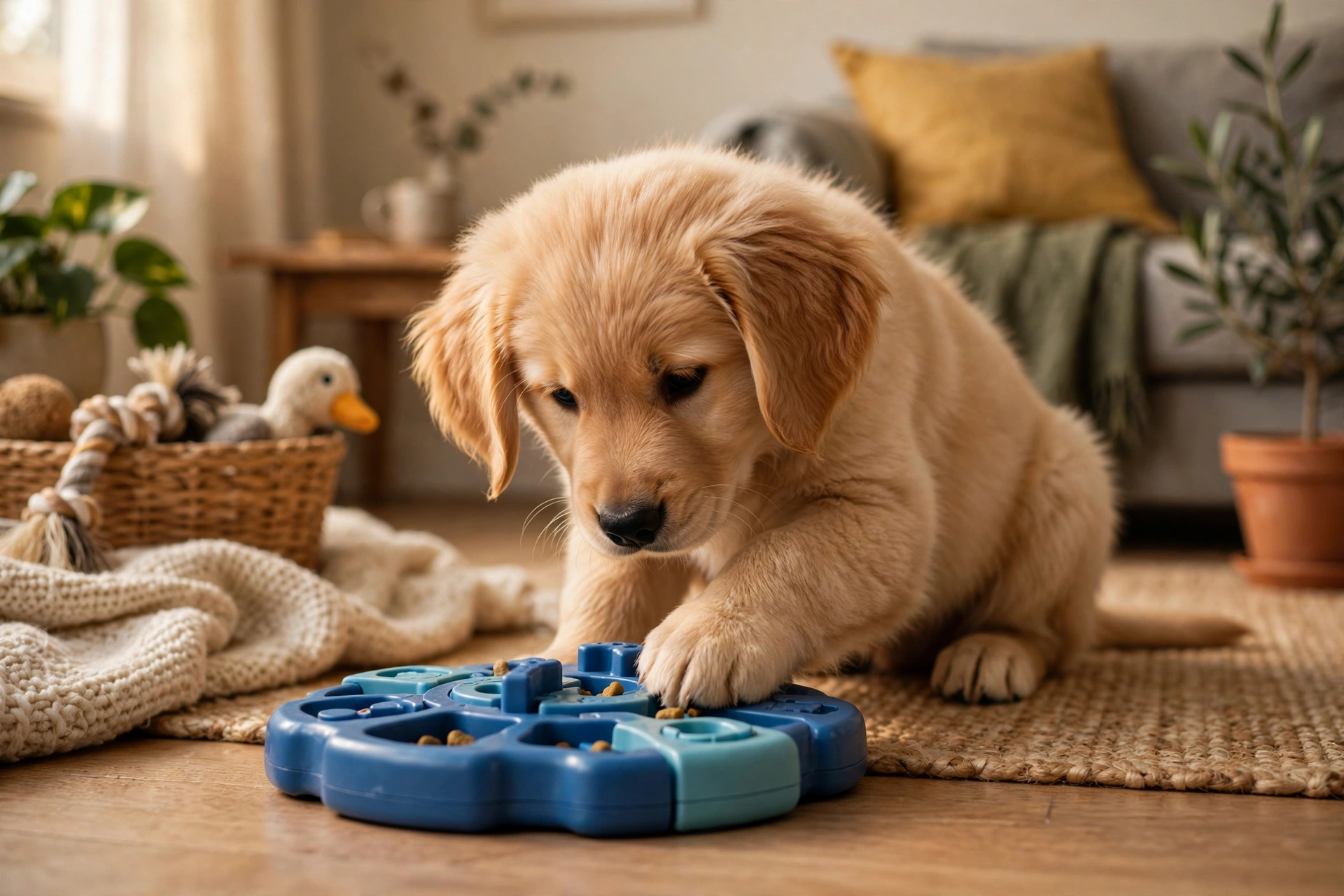 Golden retriever puppy playing with a food puzzle toy for mental stimulation