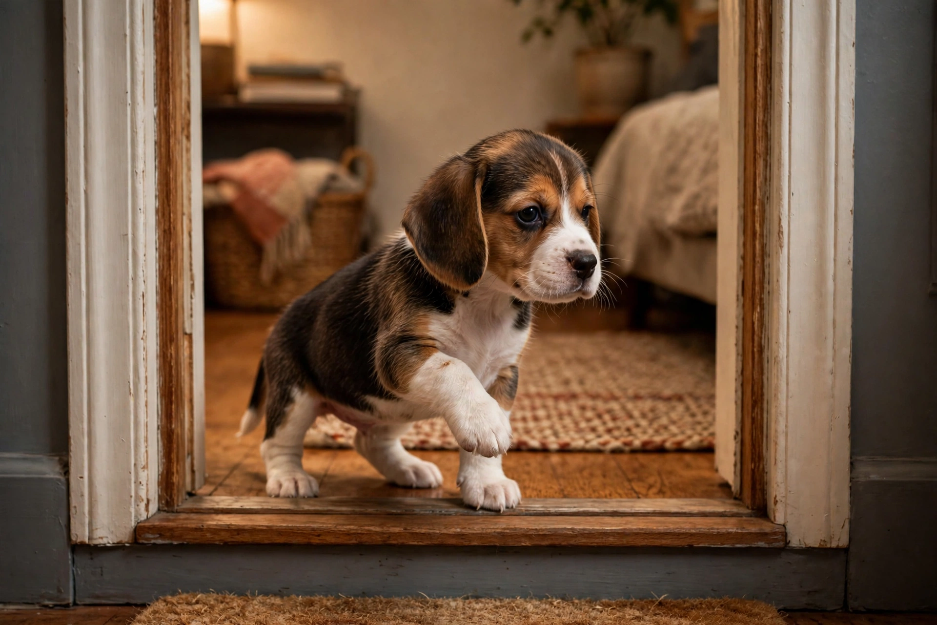 Tiny beagle puppy hesitating cautiously in a home doorway during the first fear period