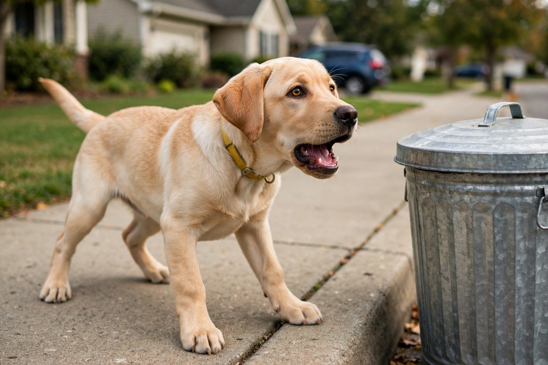 Adolescent Labrador barking warily at an unfamiliar metal trash can during the second fear period