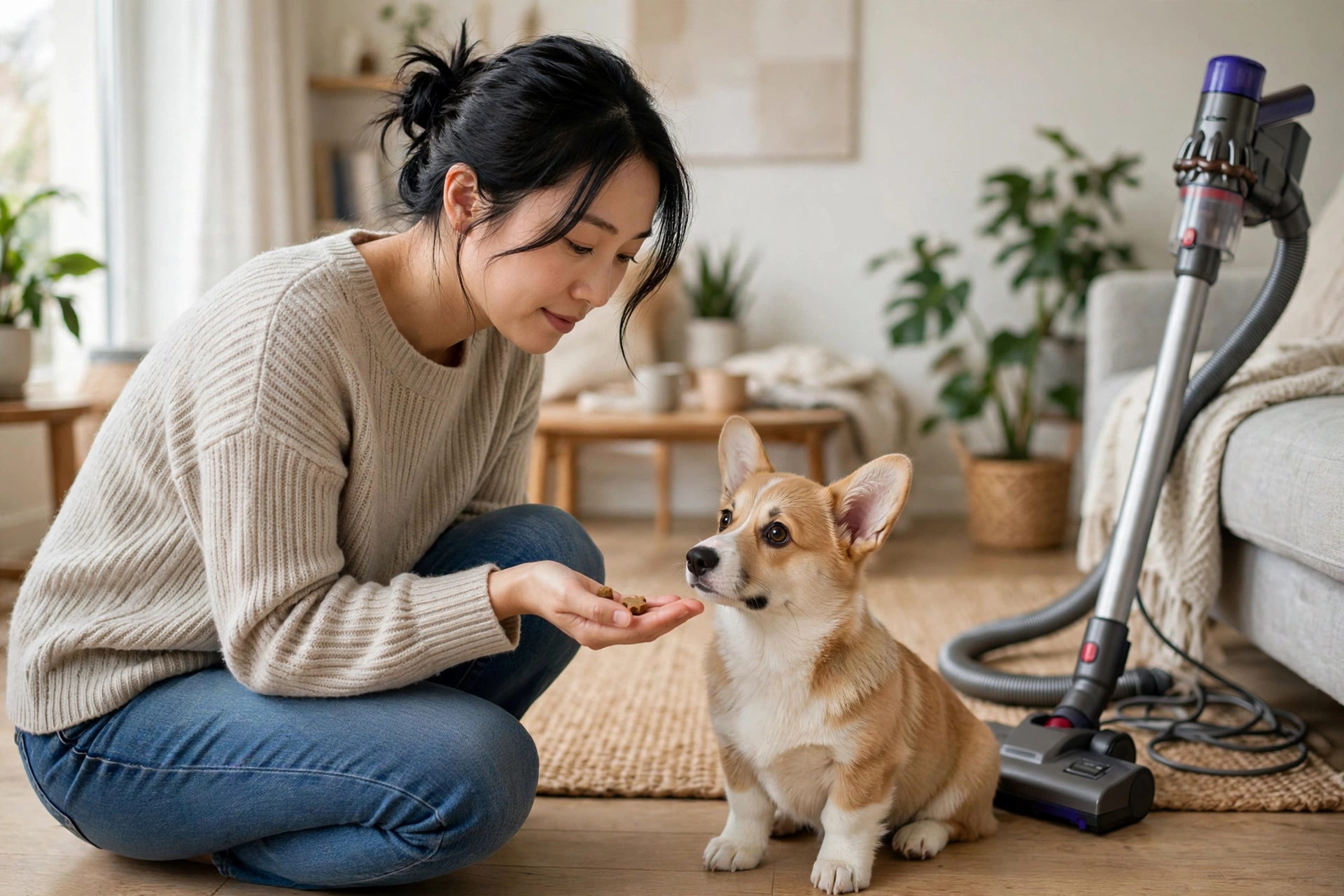 Woman calmly offering a treat to a nervous corgi puppy near a turned-off vacuum cleaner