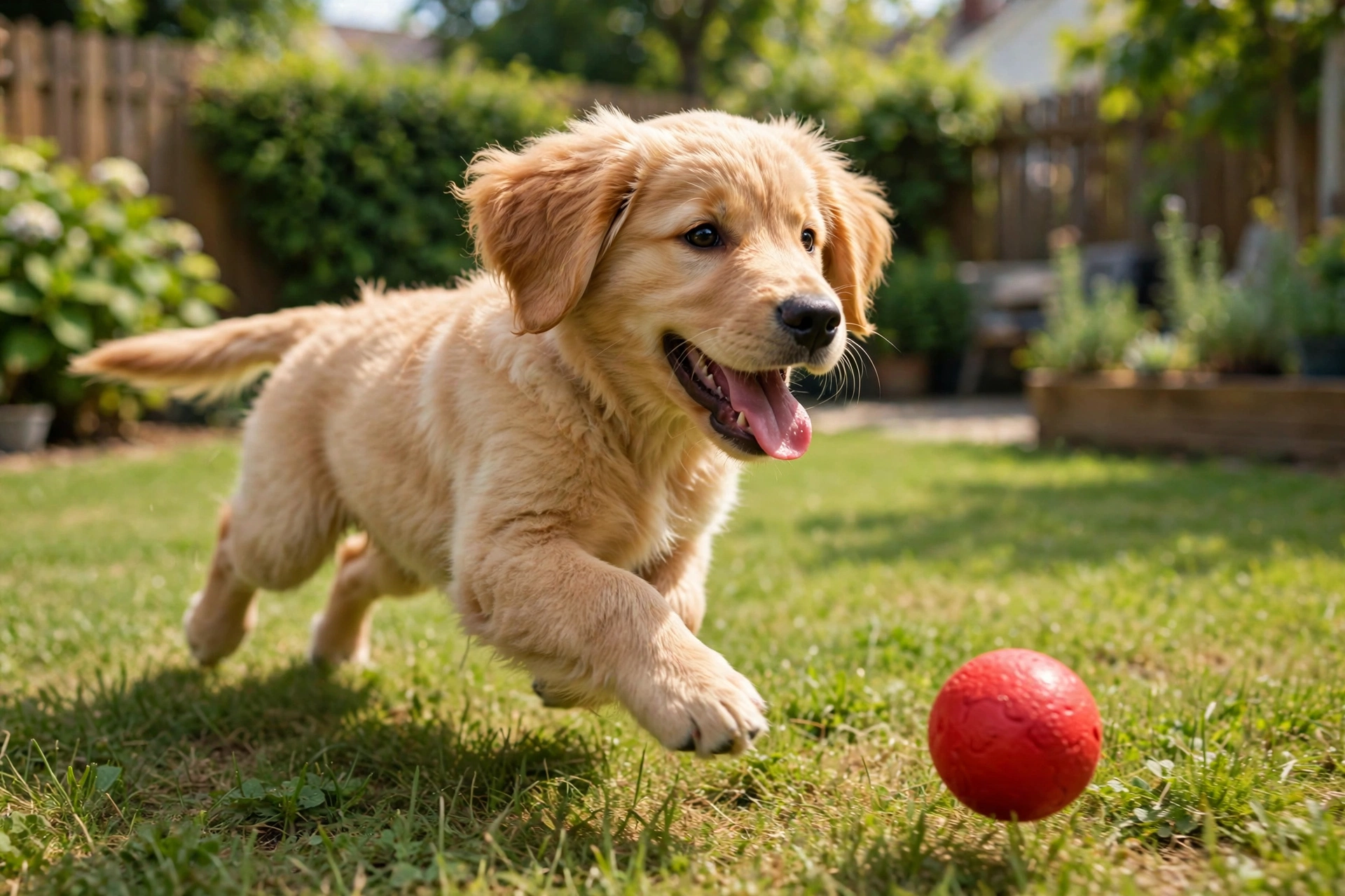 Happy confident golden retriever puppy playing with a red ball in a sunny backyard