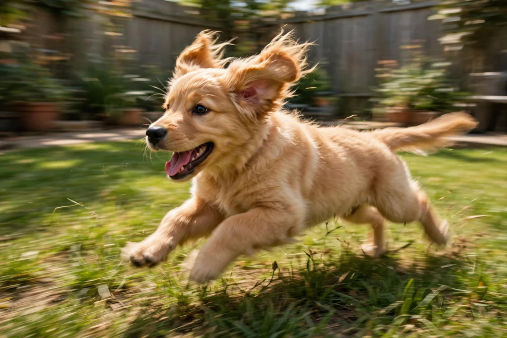 Excited golden retriever puppy running zoomies in a backyard