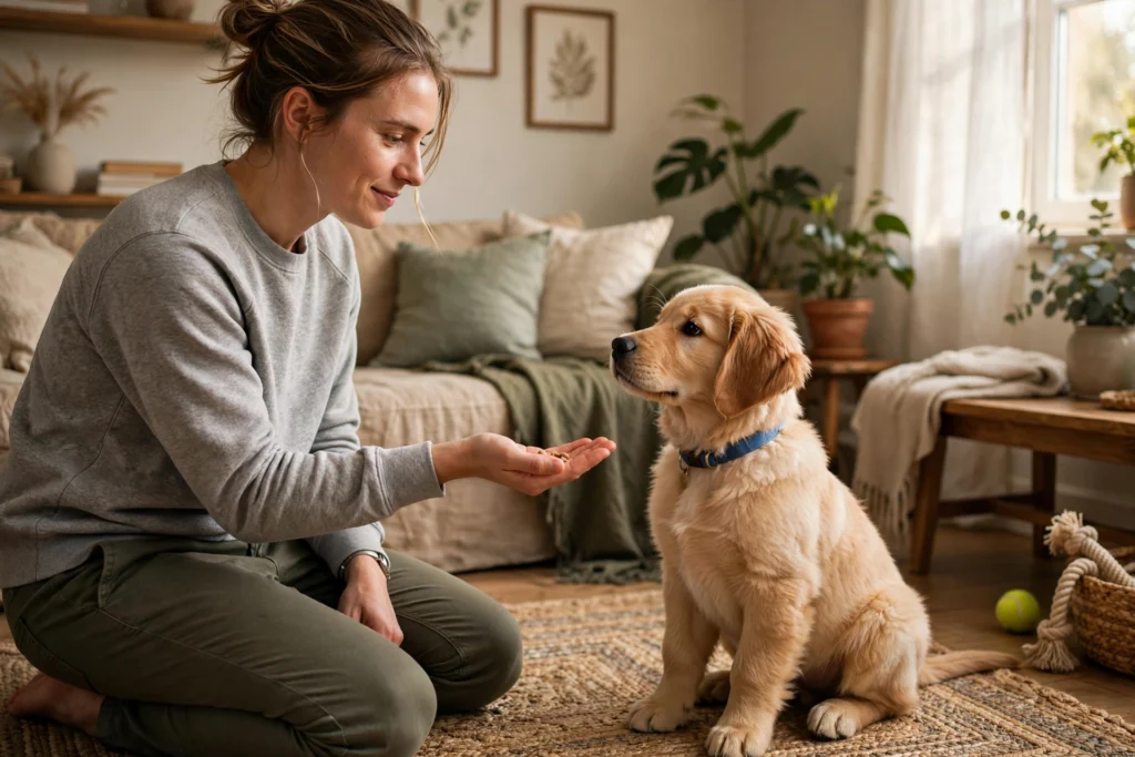 Owner calmly redirecting a golden retriever puppy with a treat during training