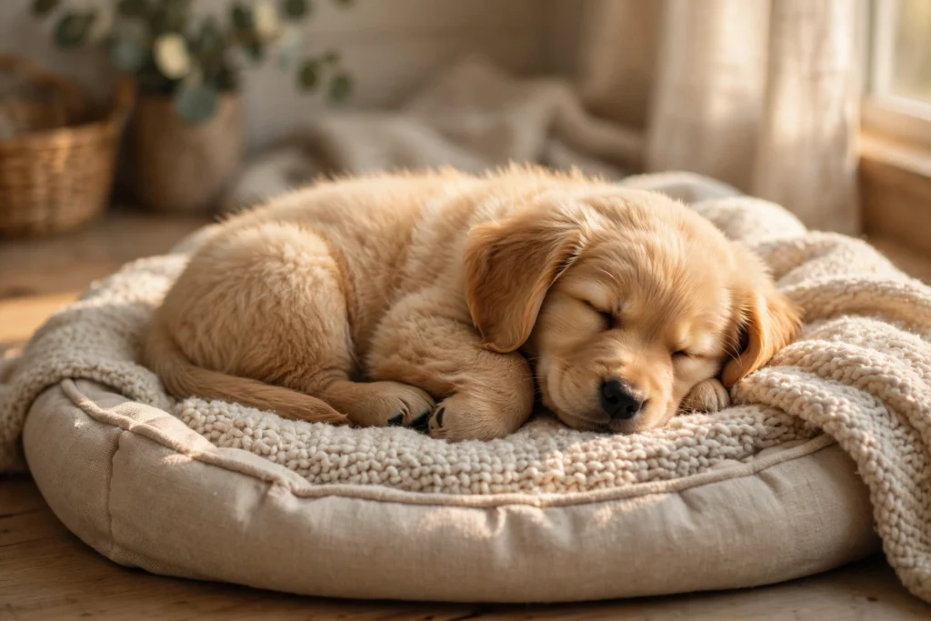 Overtired golden retriever puppy sleeping deeply on a dog bed