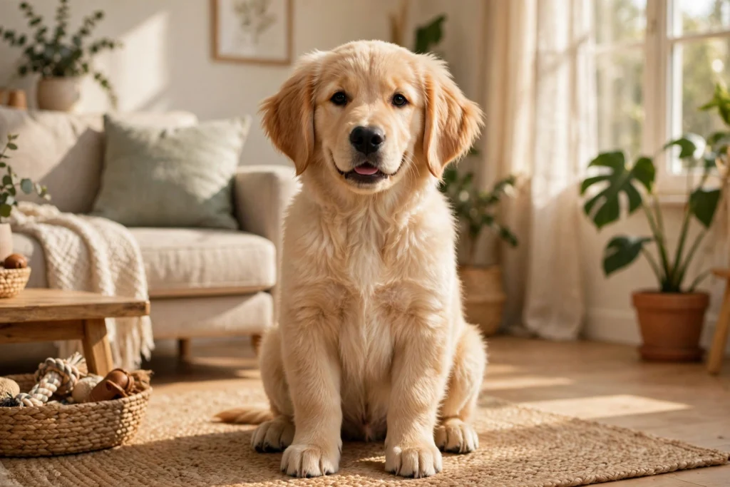 Calm well-behaved golden retriever puppy sitting and looking at camera