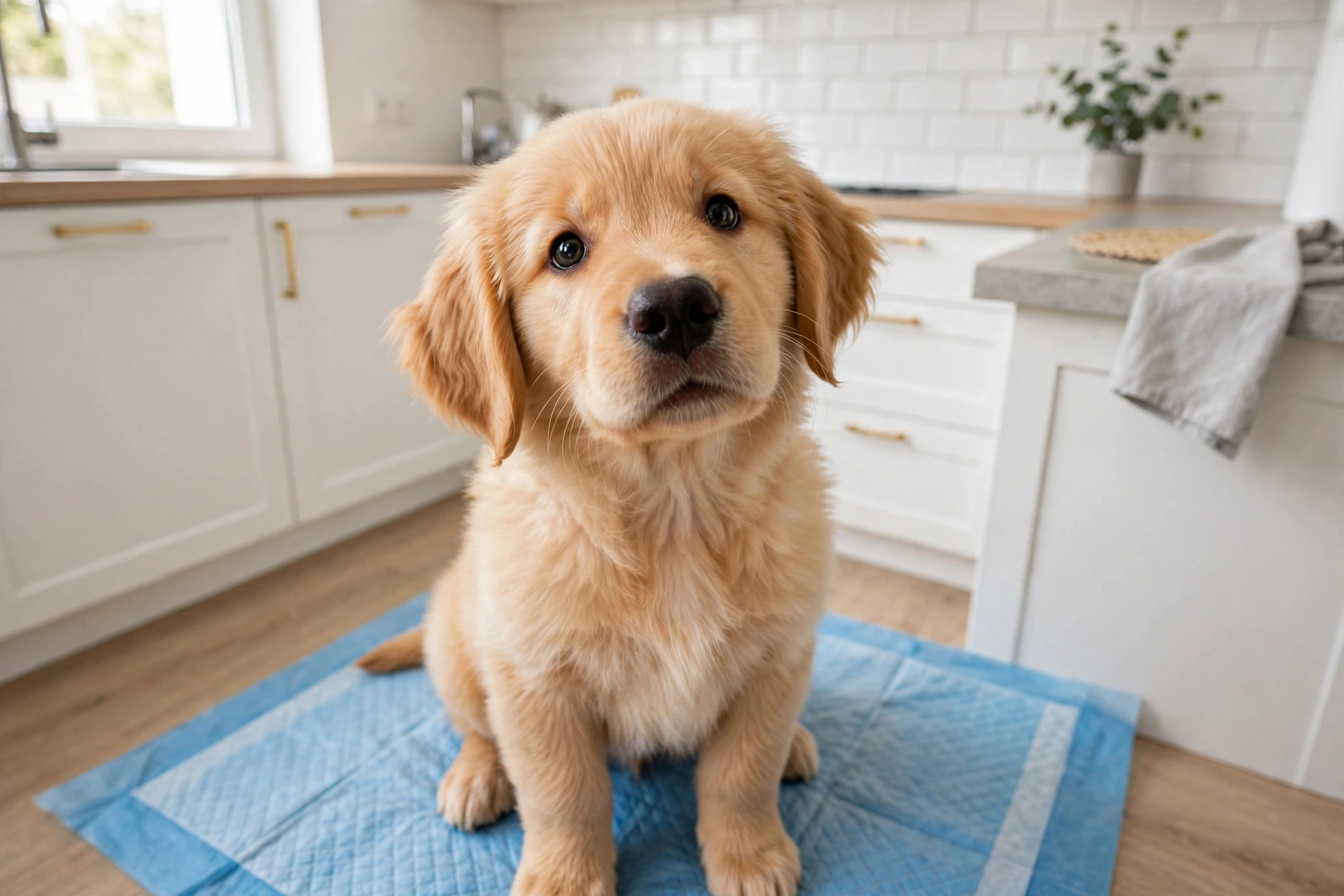 Golden retriever puppy sitting on a pee pad in a kitchen
