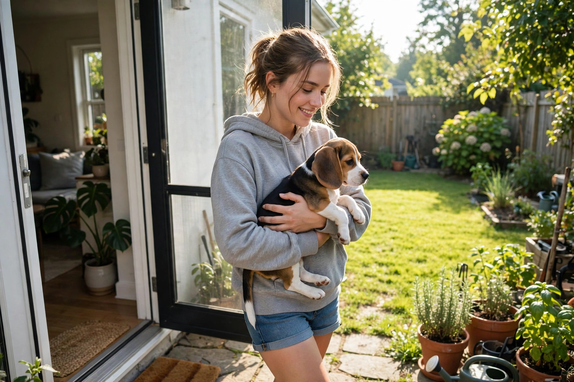 Owner carrying a puppy outside to the backyard for a potty break