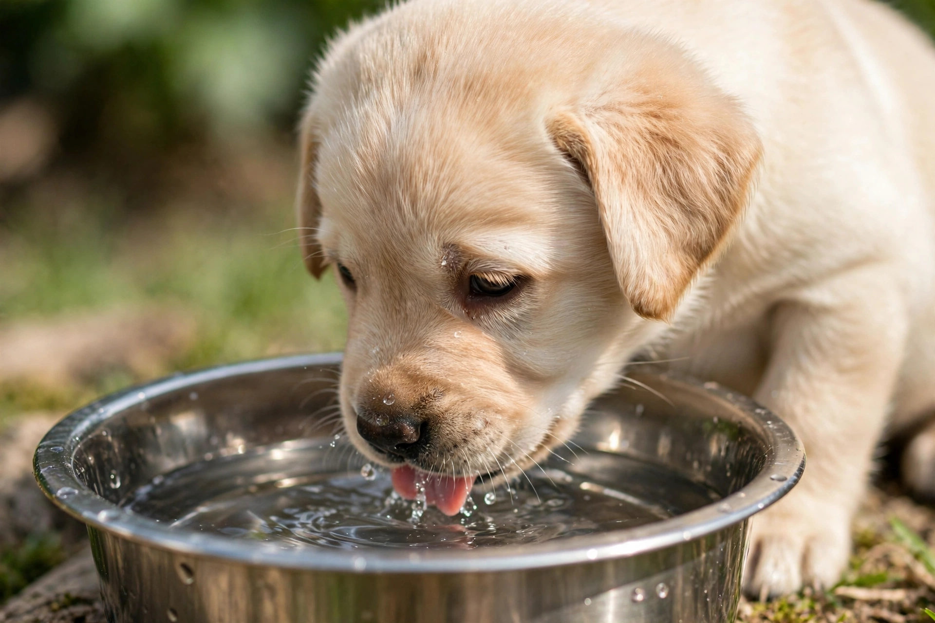 Tiny 8-week-old puppy drinking water from a bowl