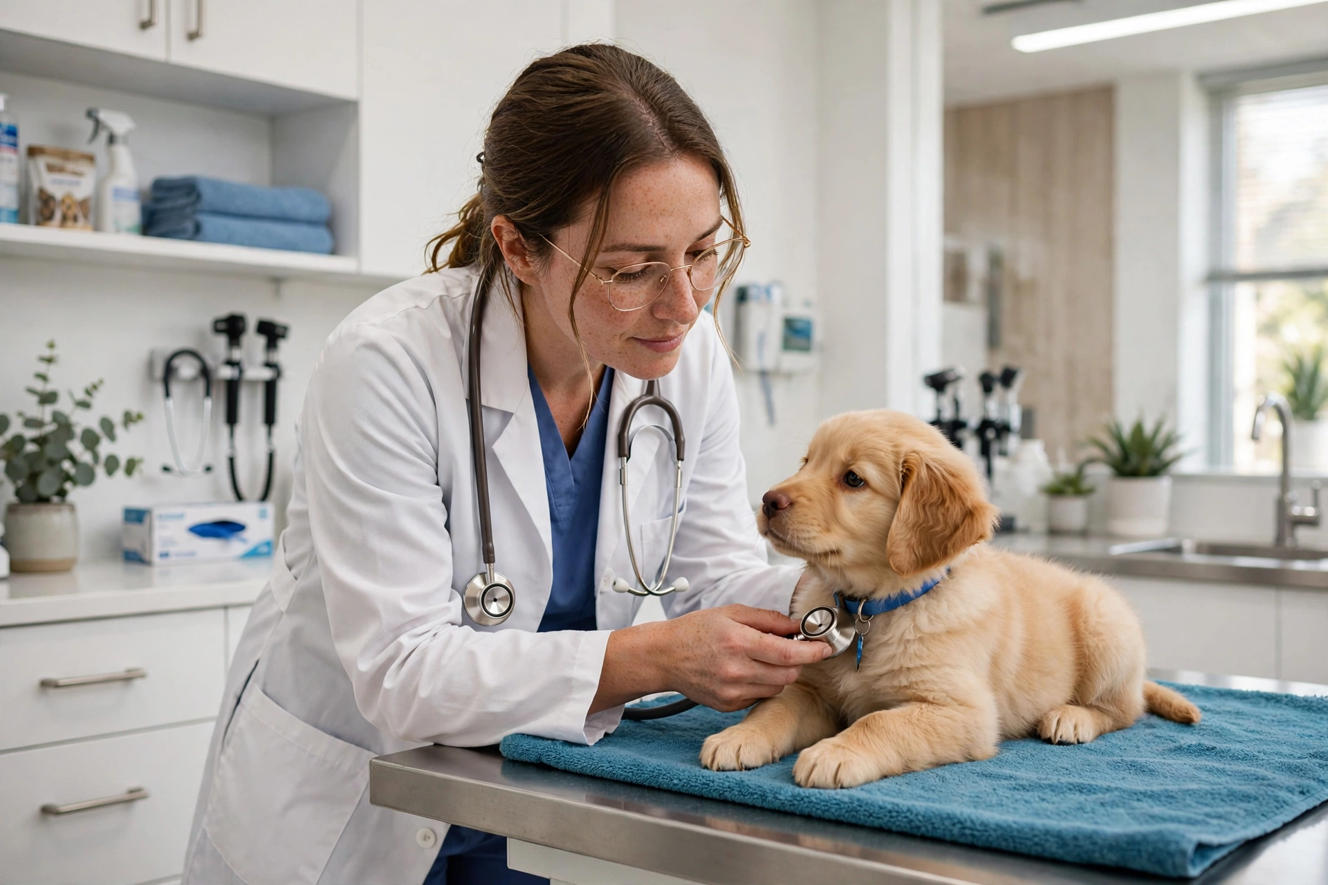 Veterinarian examining a small puppy in a clinic